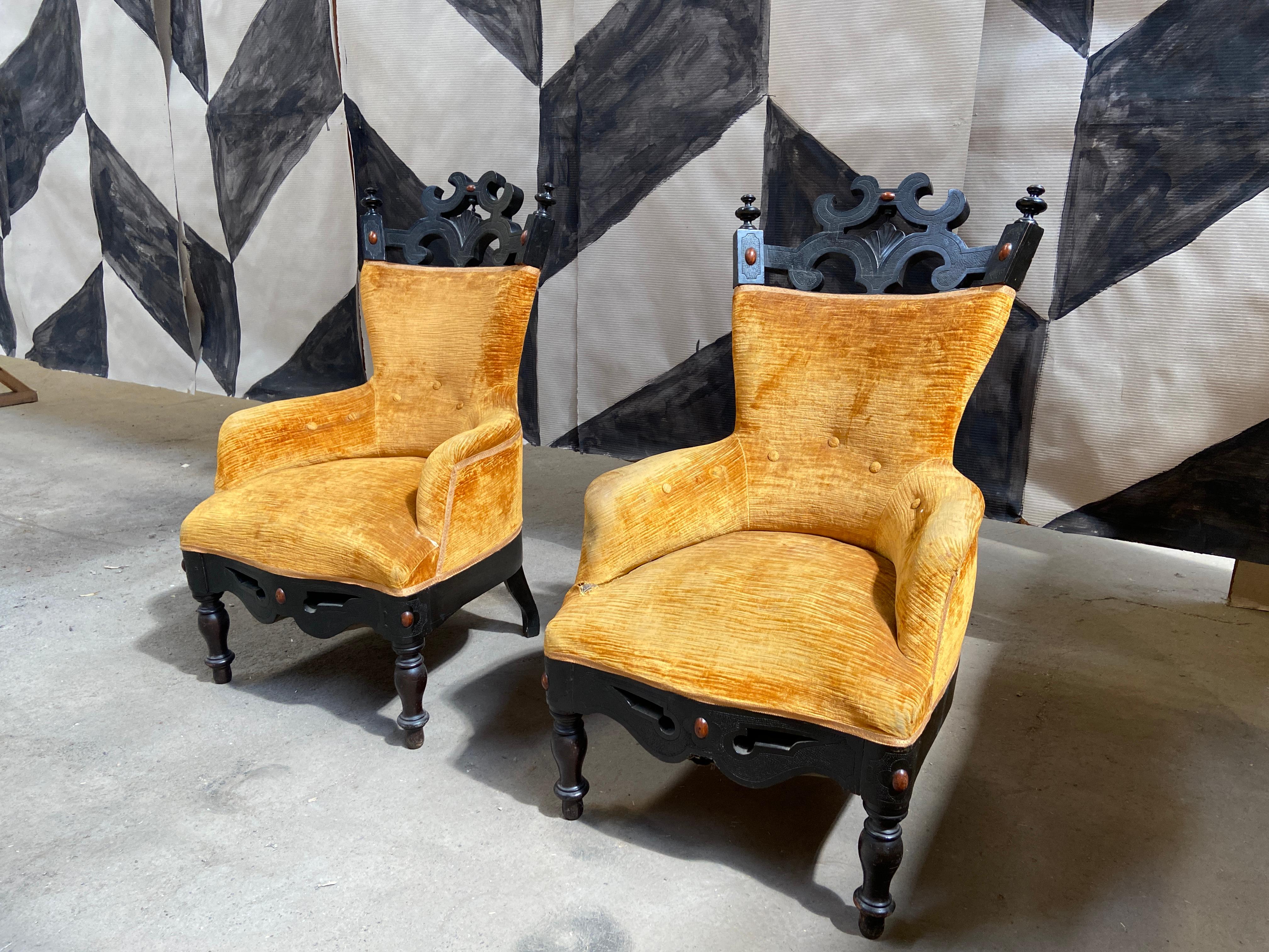 Late 19th Century 19th Century Pair of French Velvet Armchairs with Ebonized Wood For Sale