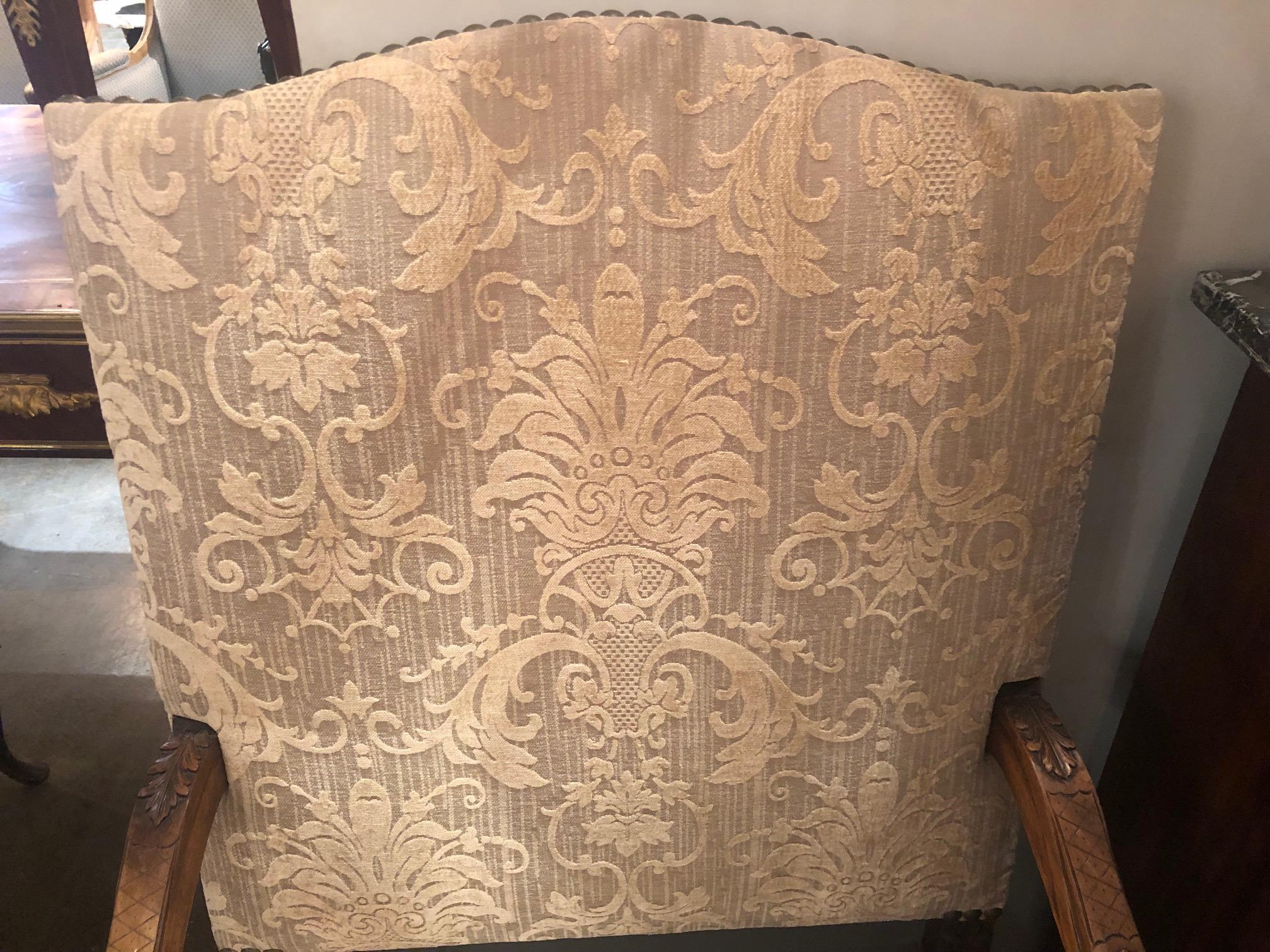 Hand-Carved 19th Century Pair of French Walnut and Upholstered Armchairs