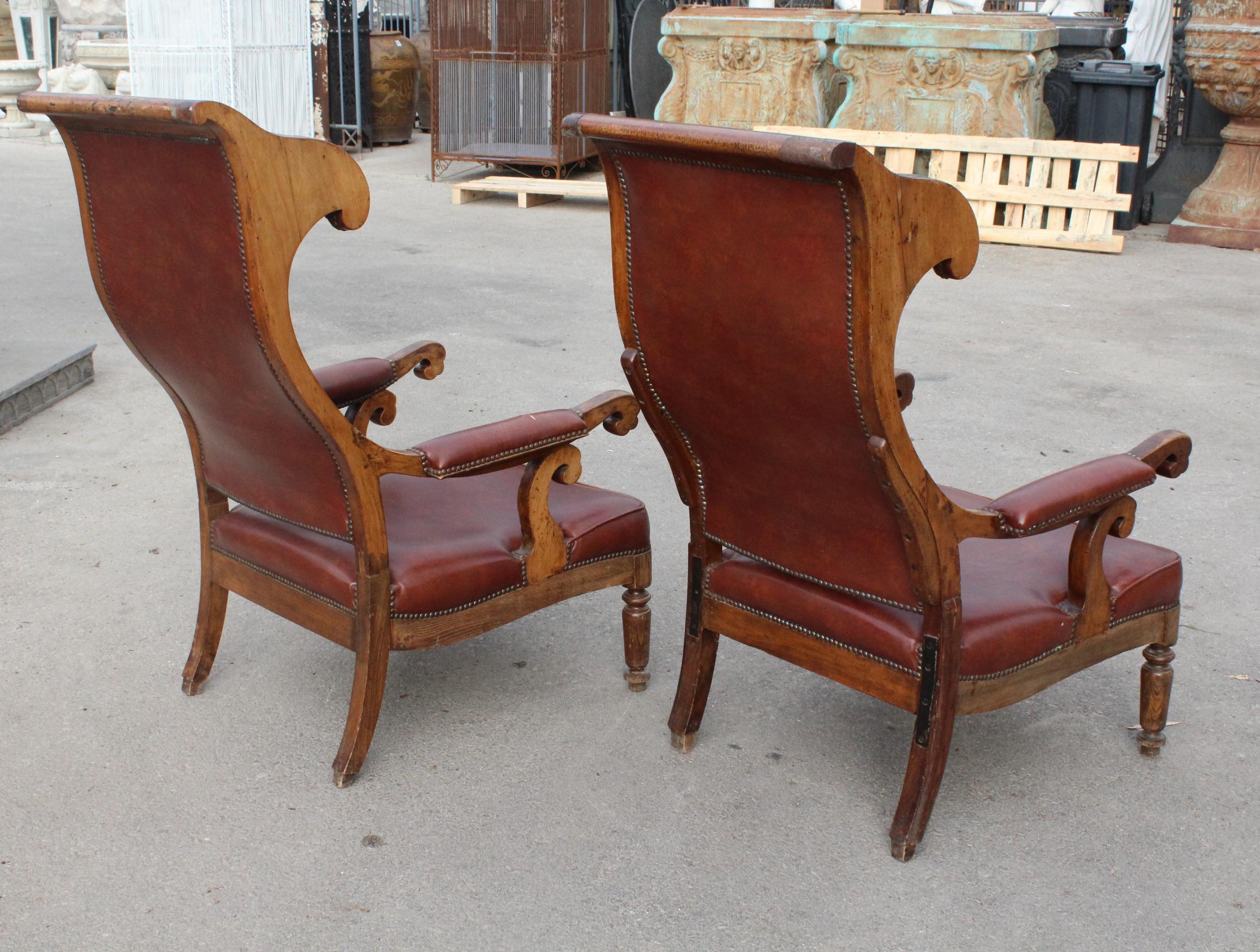 Faux Leather 19th Century Pair of French Walnut Leatherette Upholstered Armchairs