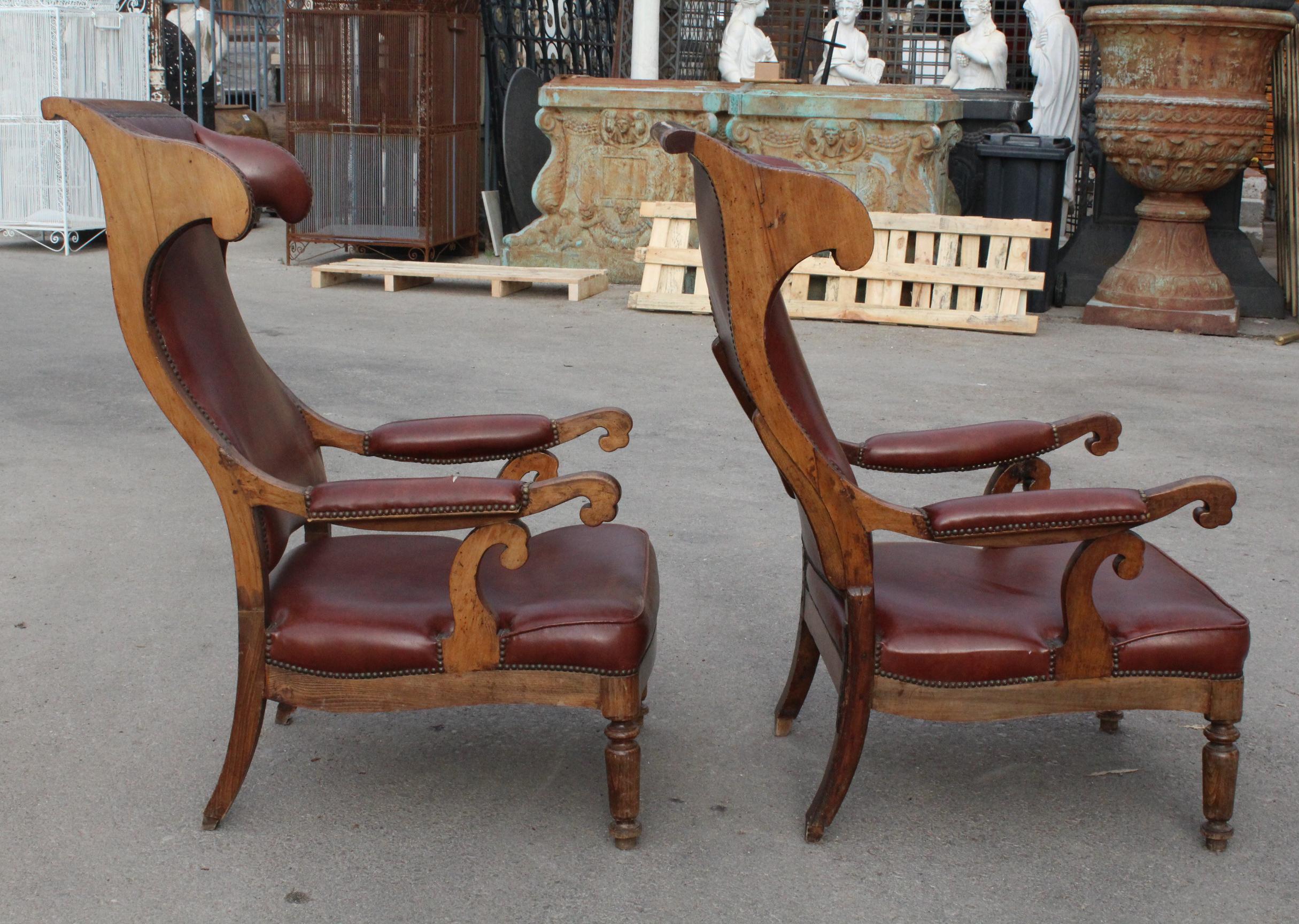 19th Century Pair of French Walnut Leatherette Upholstered Armchairs 1