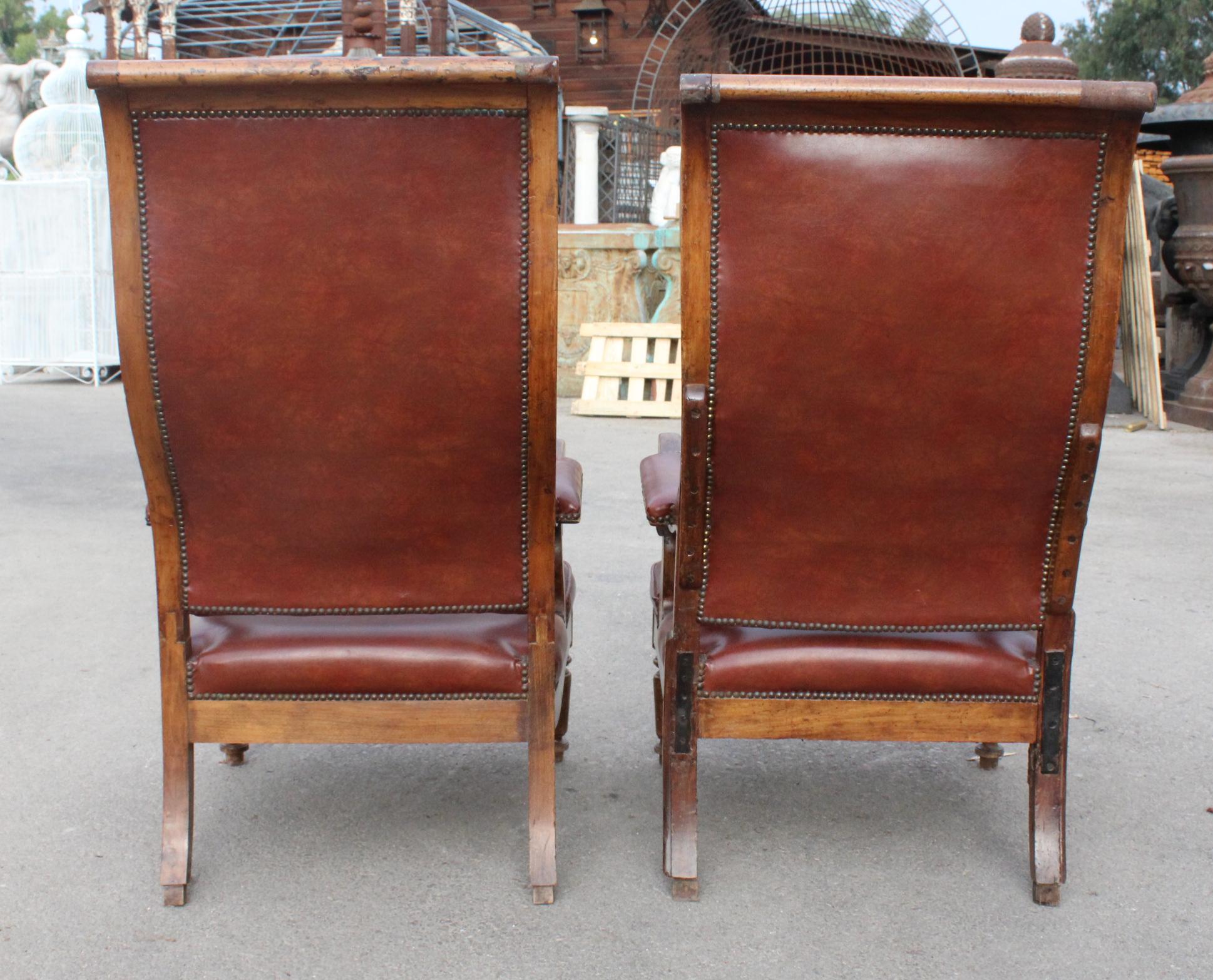19th Century Pair of French Walnut Leatherette Upholstered Armchairs 3