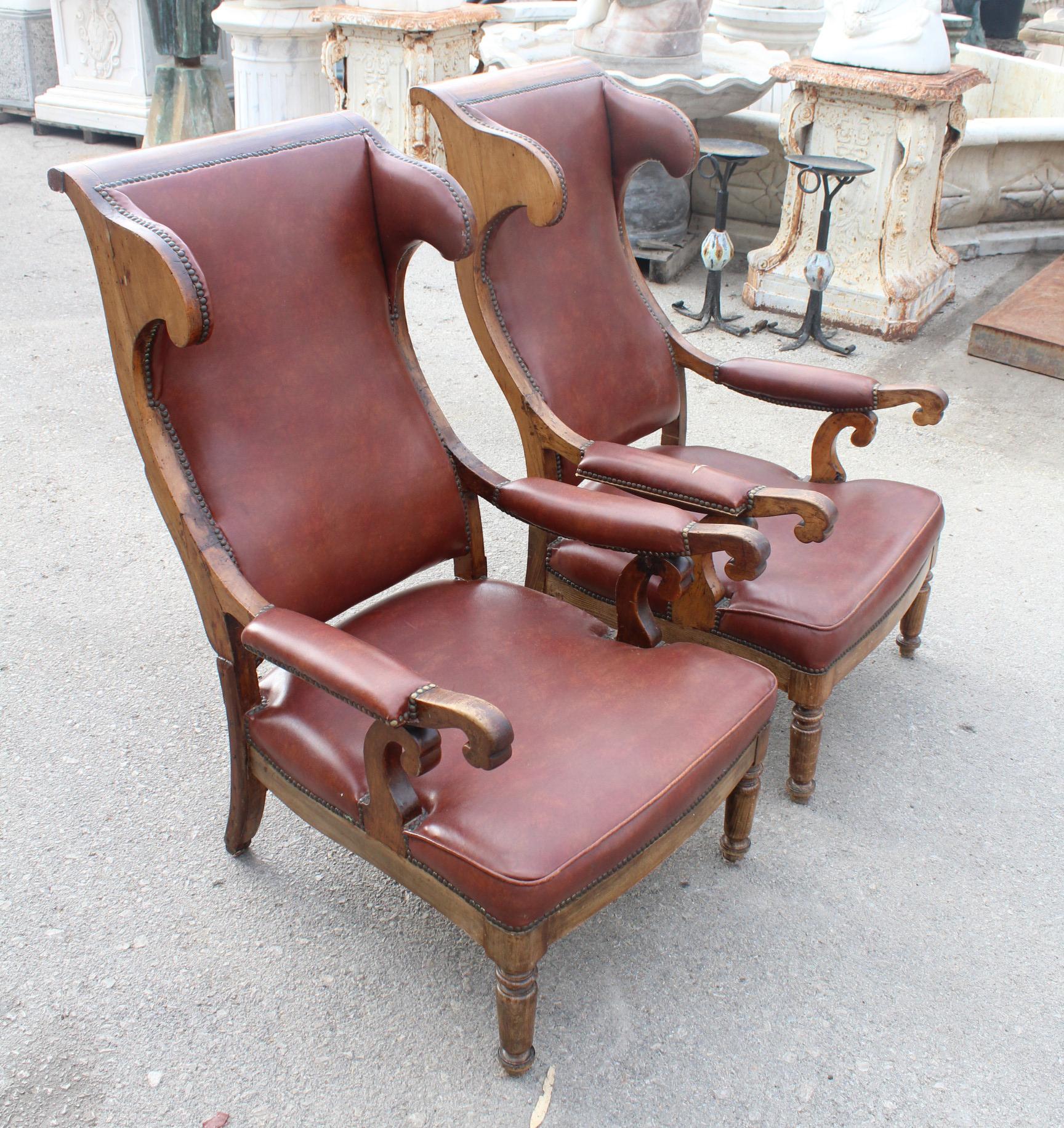 19th Century Pair of French Walnut Leatherette Upholstered Armchairs 5