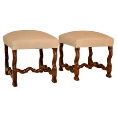 19th Century Pair of French Walnut Upholstered Stools with Mouton Legs