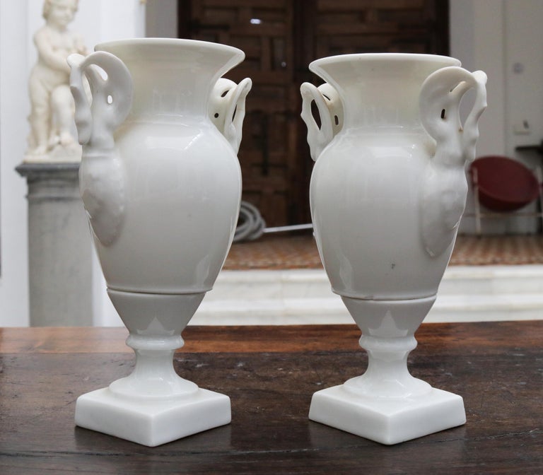 19th Century Pair of French White Porcelain Vases with Swam Shaped