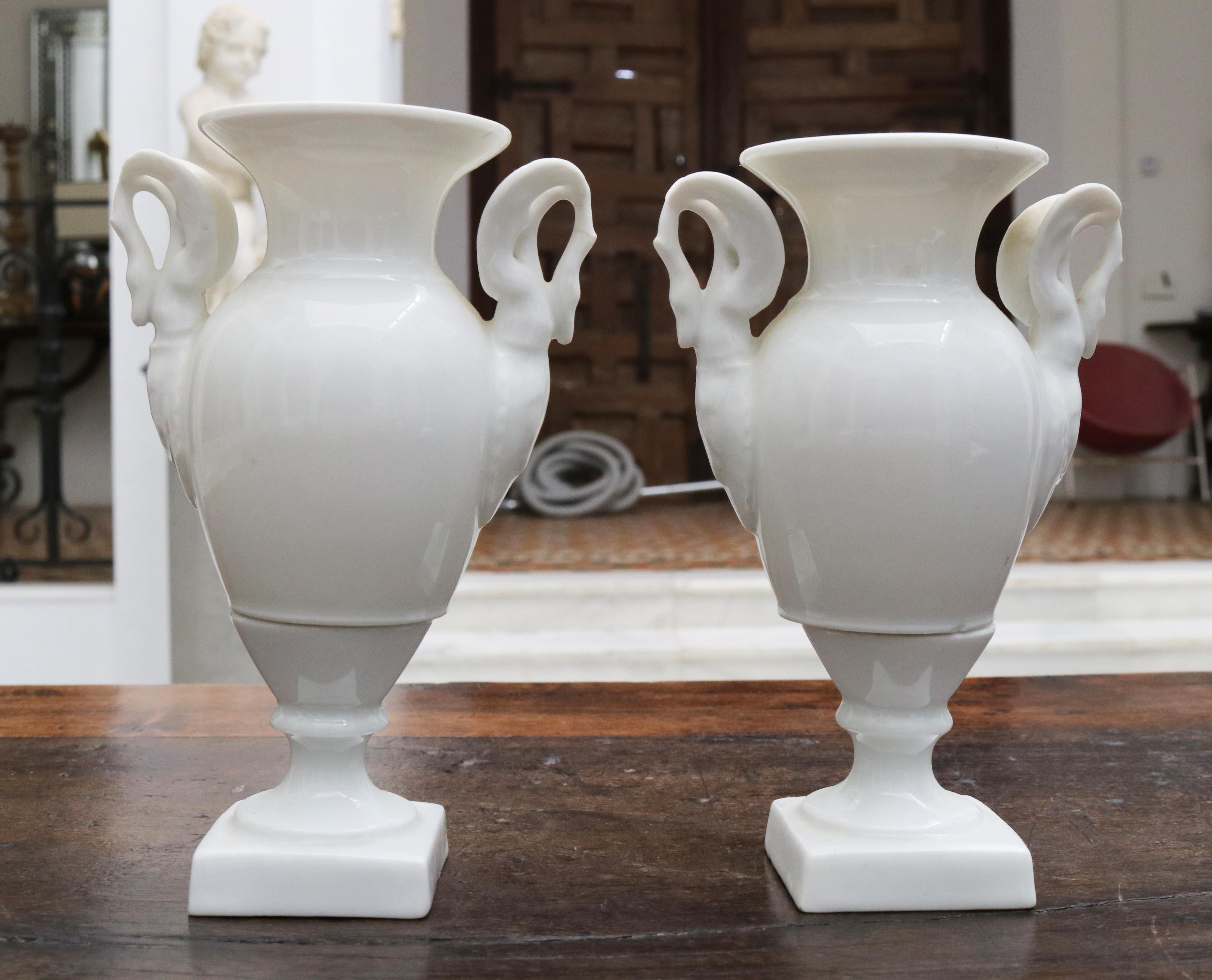 19th Century Pair of French White Porcelain Vases with Swam Shaped Handles 2