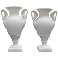 19th Century Pair of French White Porcelain Vases with Swam Shaped Handles 19th Century Pair of French White Porcelain Vases with Swam Shaped Handles