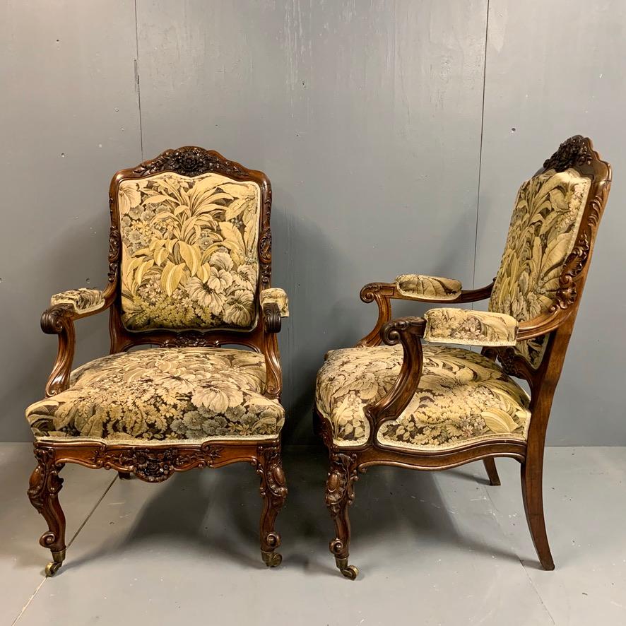 Louis XV 19th Century Pair of Generous Size French Mahogany Armchairs or Fauteuil For Sale
