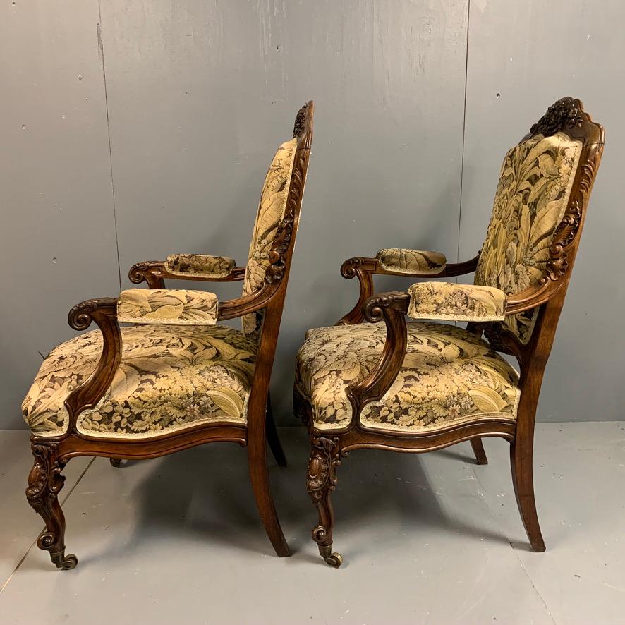 Hand-Carved 19th Century Pair of Generous Size French Mahogany Armchairs or Fauteuil For Sale