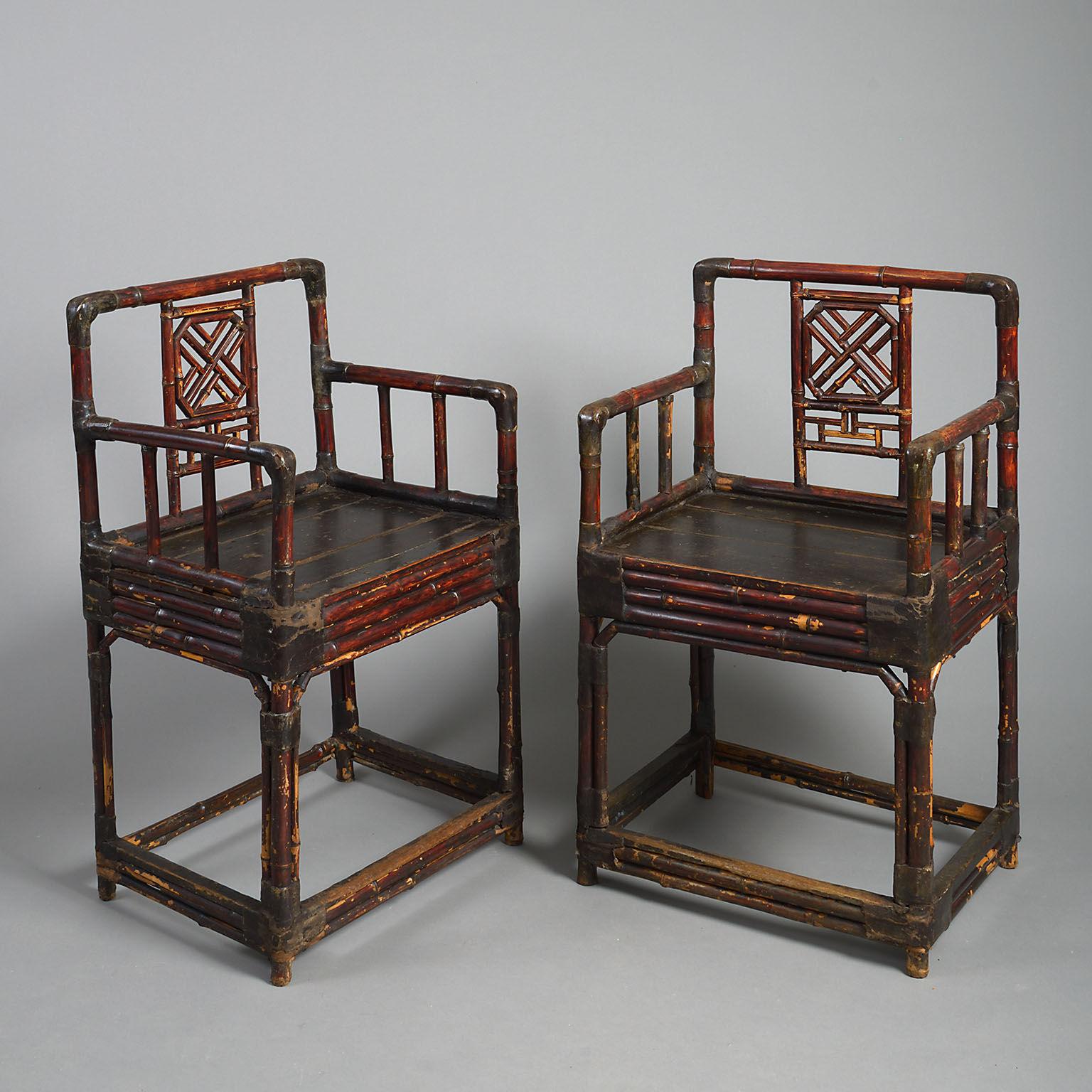 In the manner of Sir William Chambers, with trellis splats, solid seats and cluster legs joined by stretchers in their original condition. 

Two pairs available or one set of four. 

Chinese for European Export, mid-late 18th century.