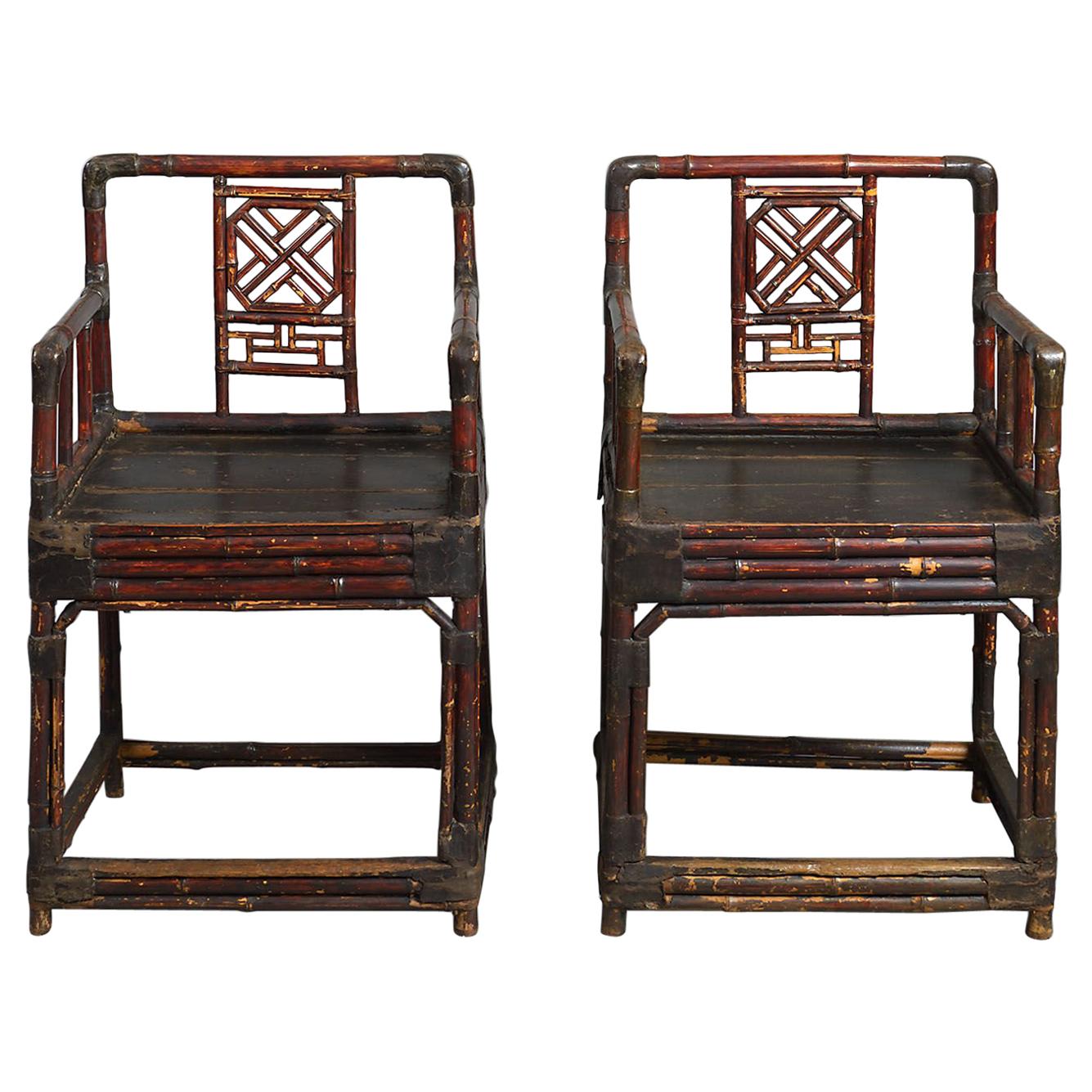 19th Century Pair of George III Chinese Export Lacquered Bamboo Armchairs