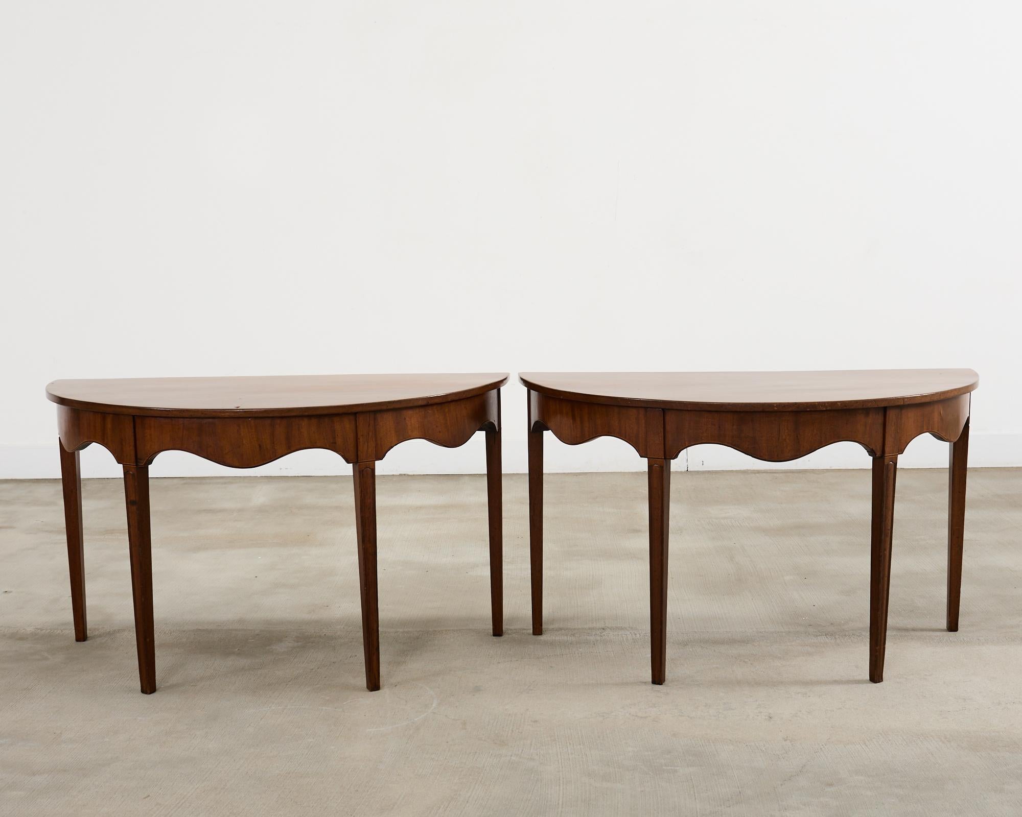 English 19th Century Pair of George III Mahogany Demilune Console Tables For Sale