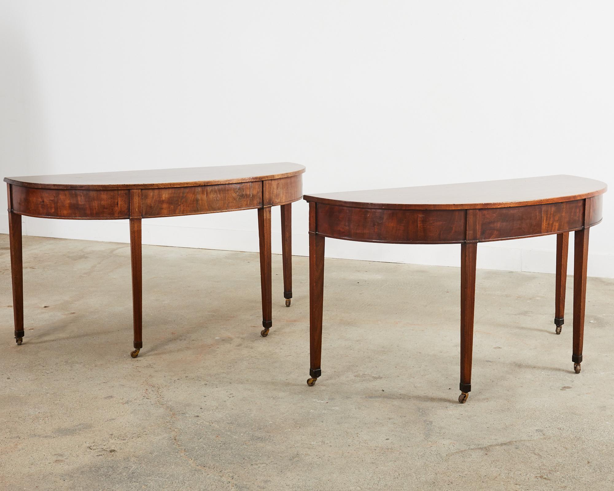 Hand-Crafted 19th Century Pair of George III Mahogany Demilune Console Tables