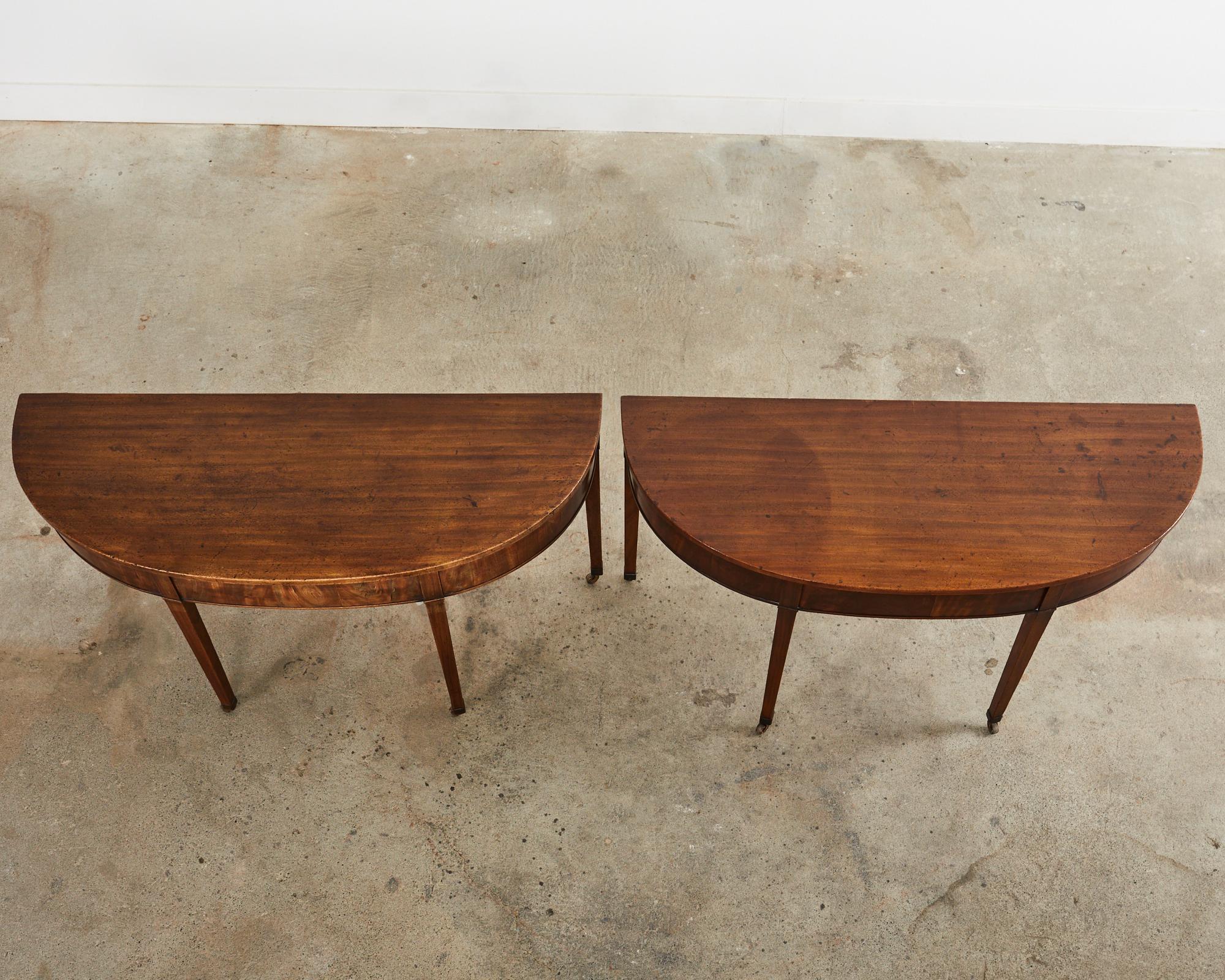 19th Century Pair of George III Mahogany Demilune Console Tables In Distressed Condition In Rio Vista, CA
