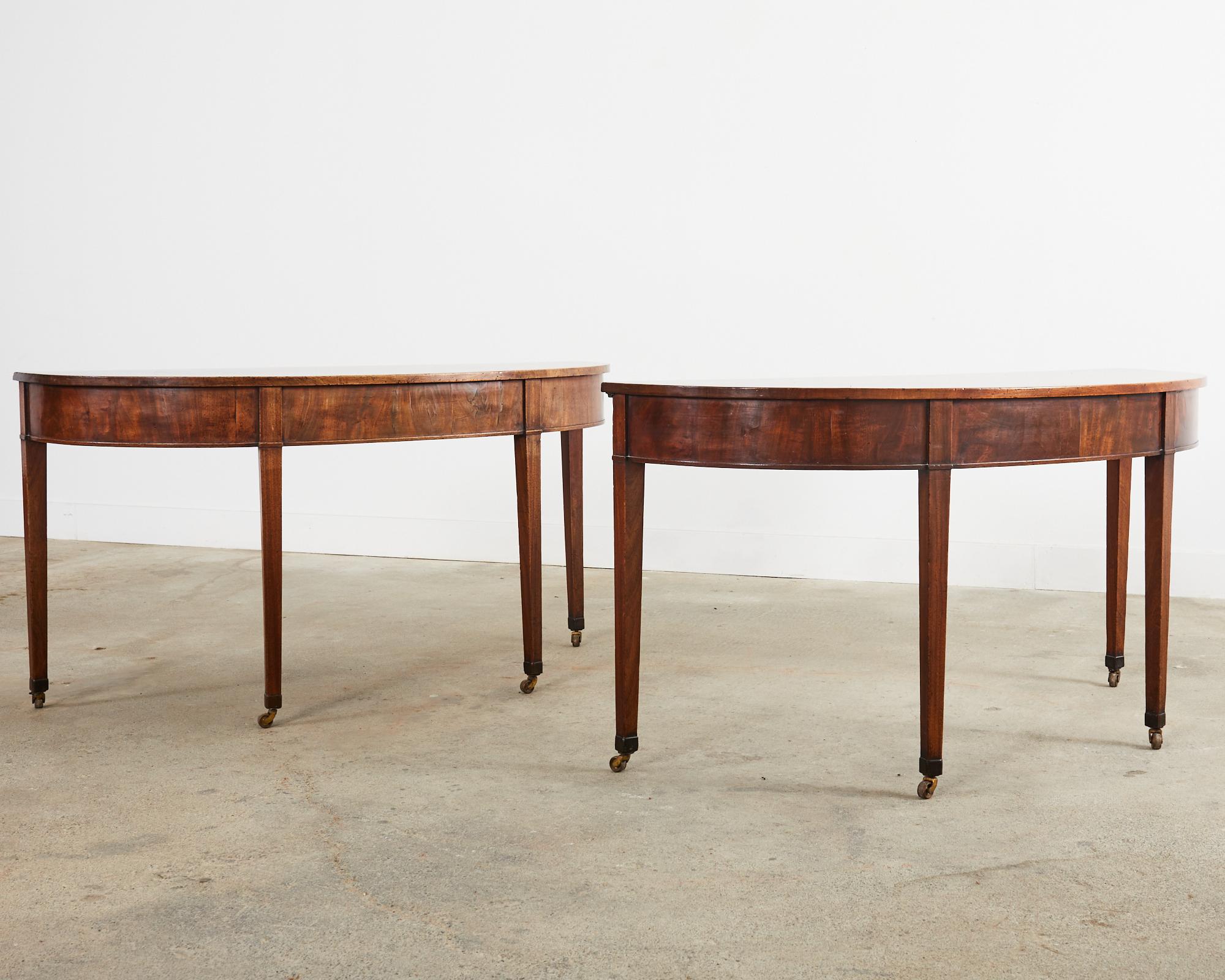 19th Century Pair of George III Mahogany Demilune Console Tables 1