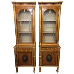 18th Century Pair of English George III Painted Parcel-Gilt Satinwood Cabinet 