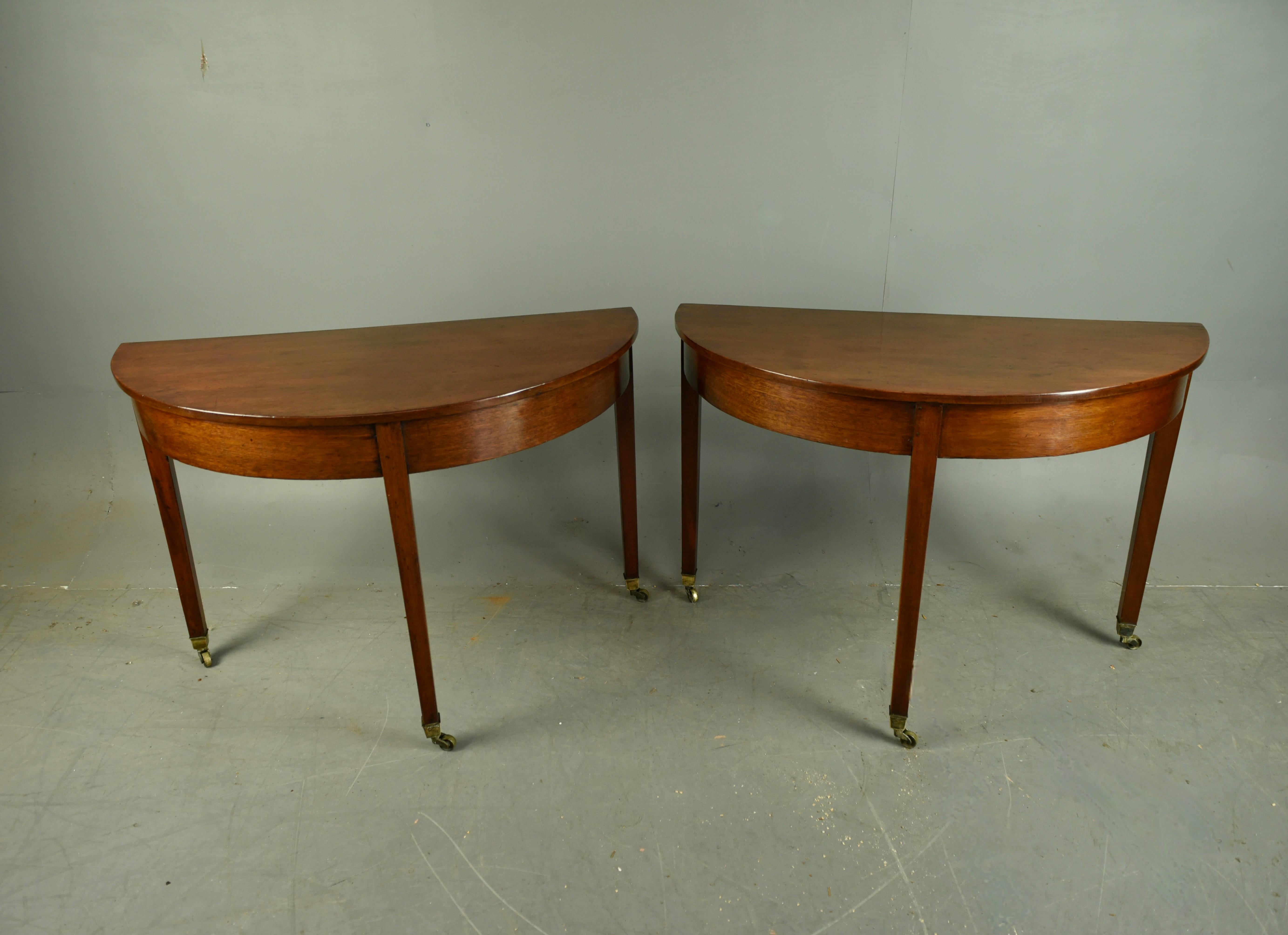 English 19th century pair of Georgian mahogany Demi lune console tables  For Sale