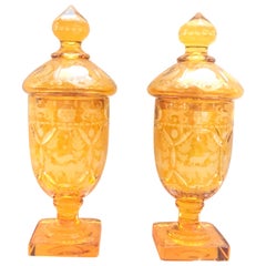 19th Century Pair of German Czech Bohemian Amber-Yellow Covered Vases