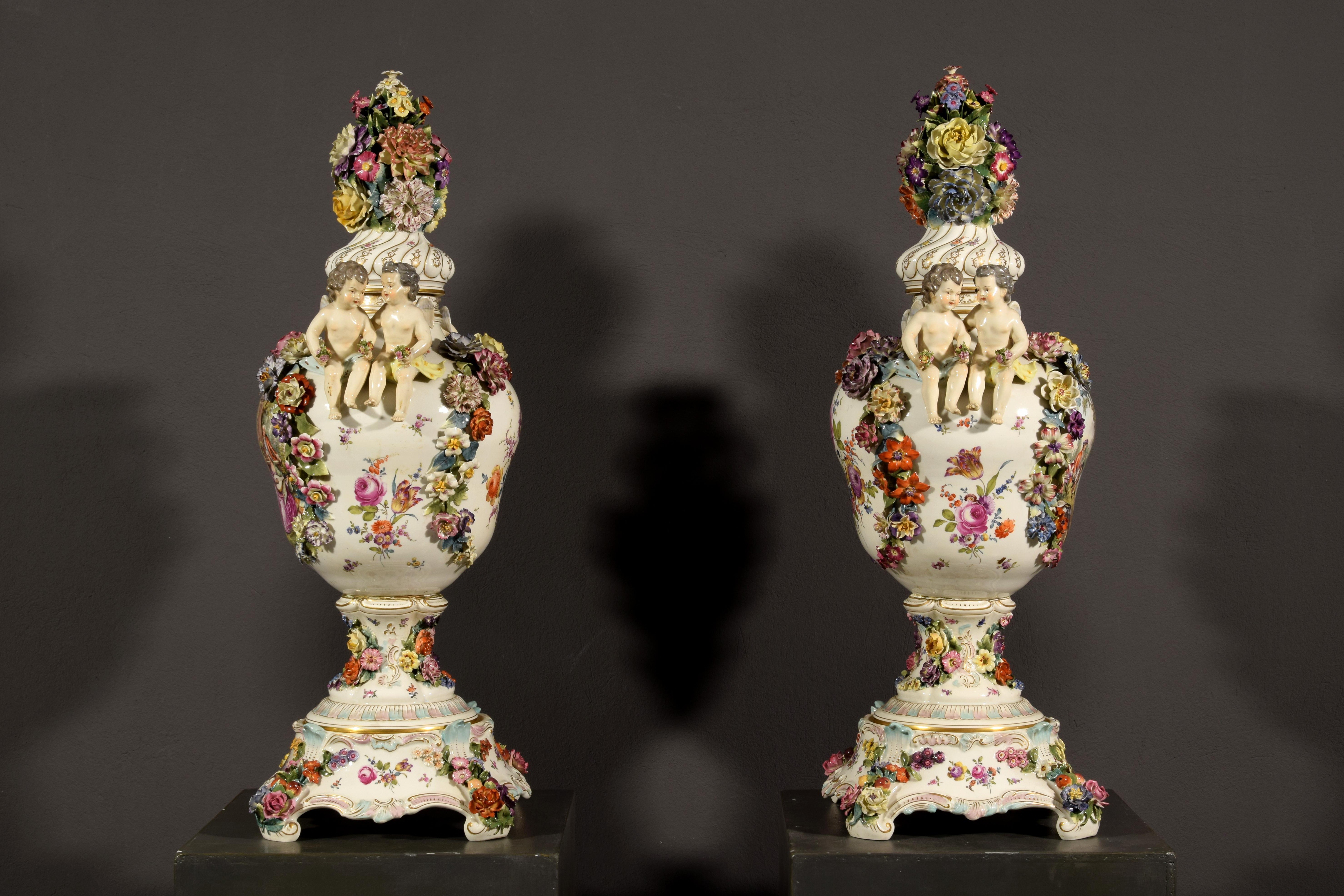 19th Century Pair of German Polychrome Porcelain Vases For Sale 7