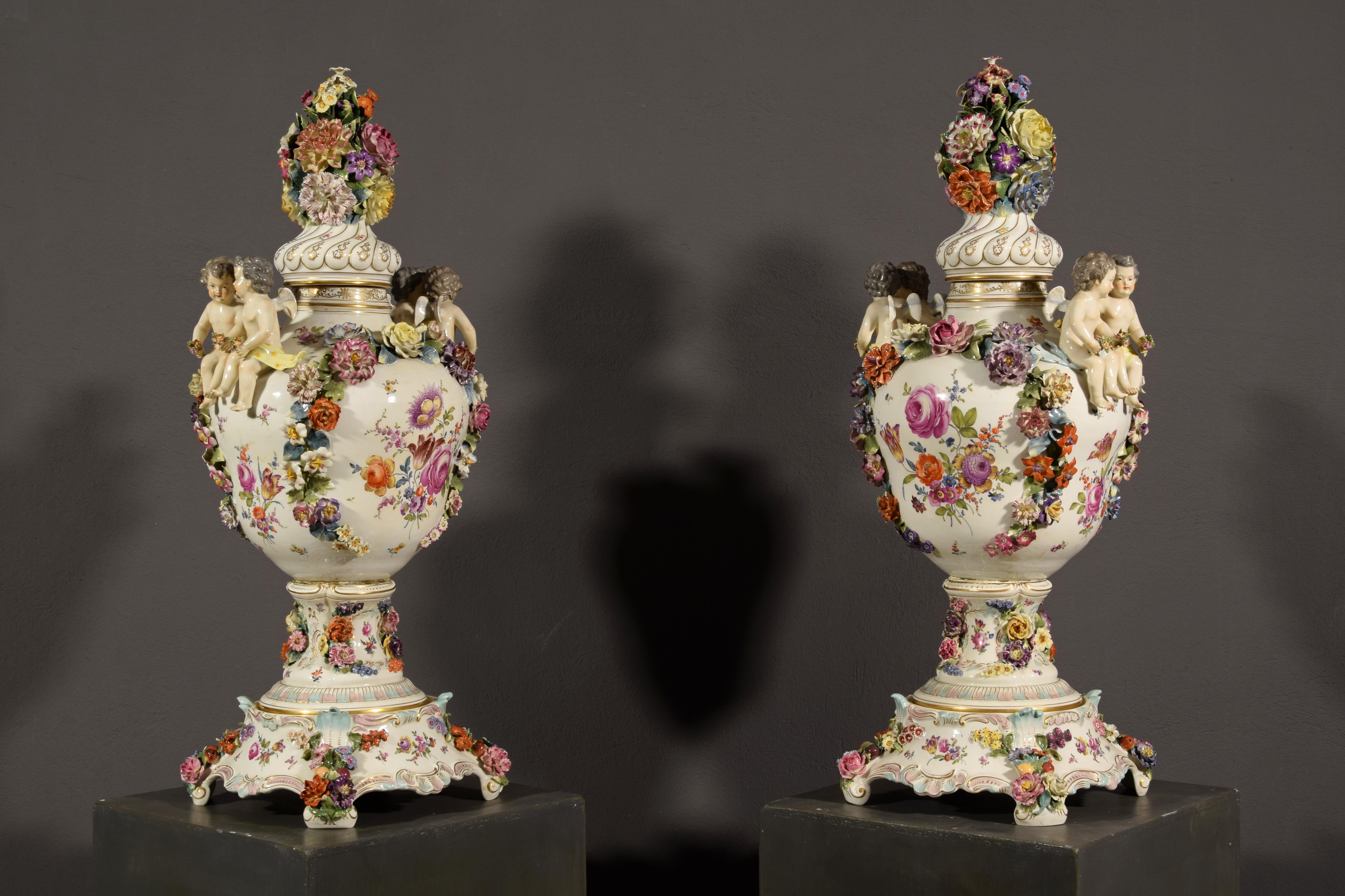 19th Century Pair of German Polychrome Porcelain Vases For Sale 8