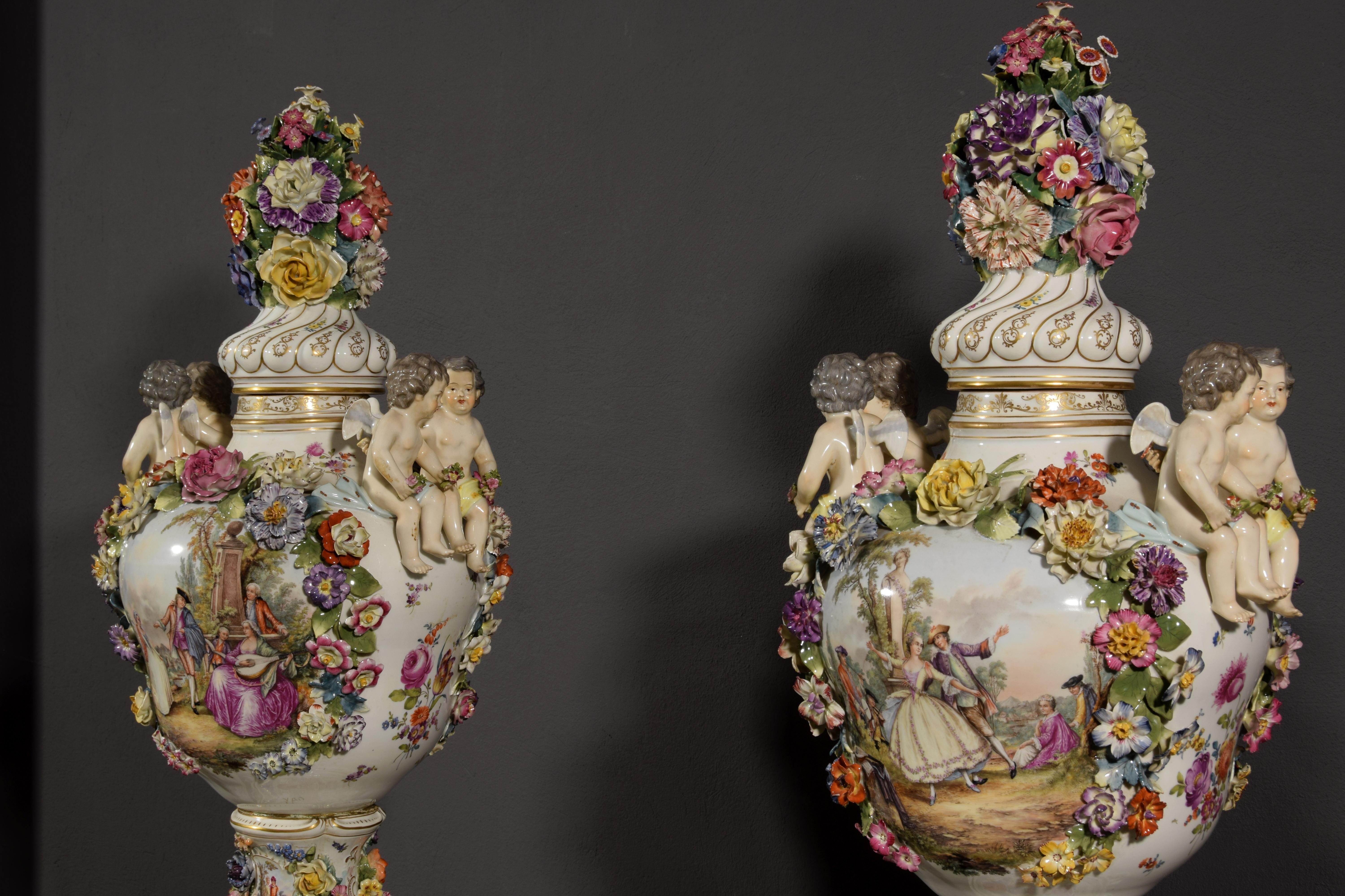 19th Century Pair of German Polychrome Porcelain Vases For Sale 9