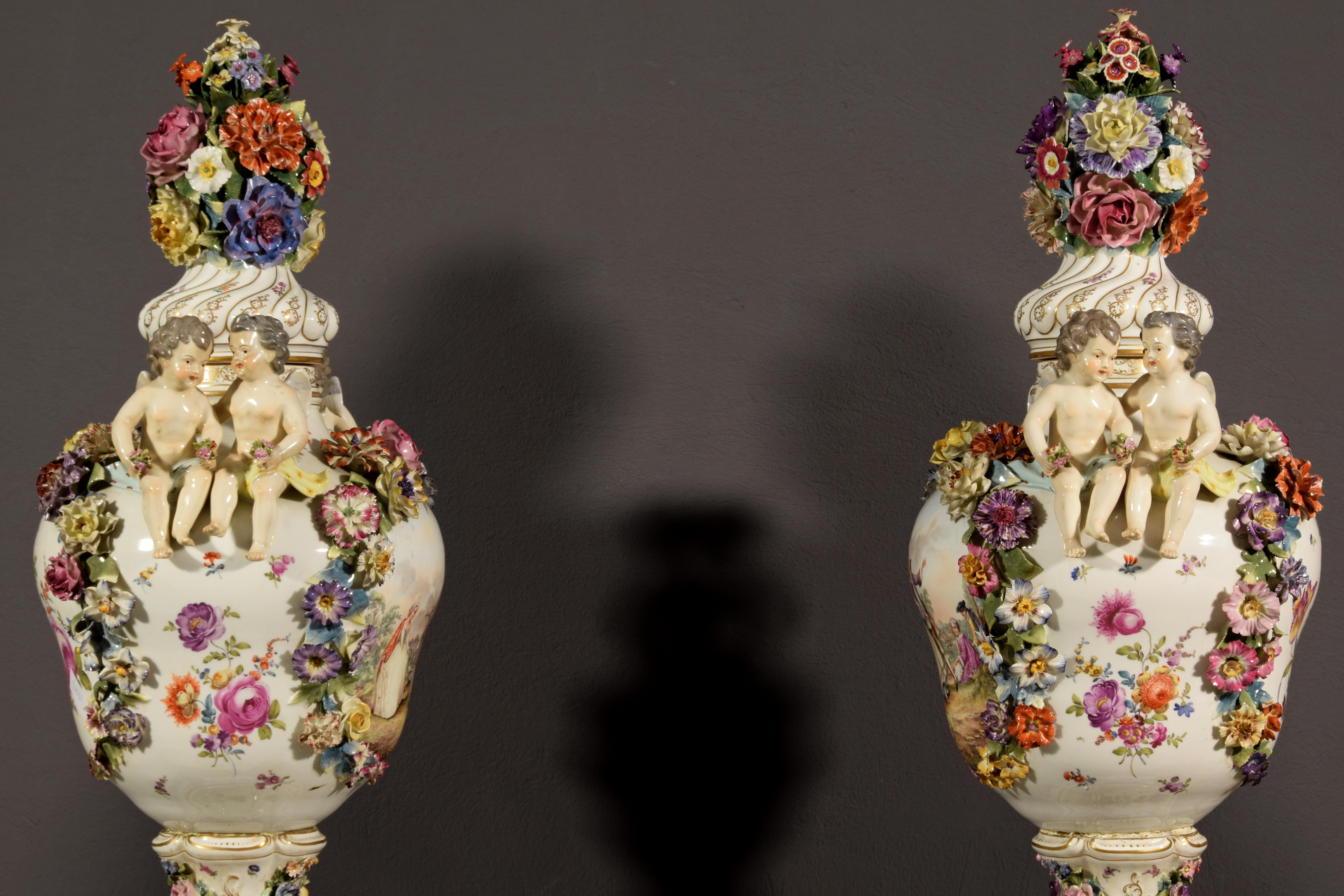 19th Century Pair of German Polychrome Porcelain Vases For Sale 10