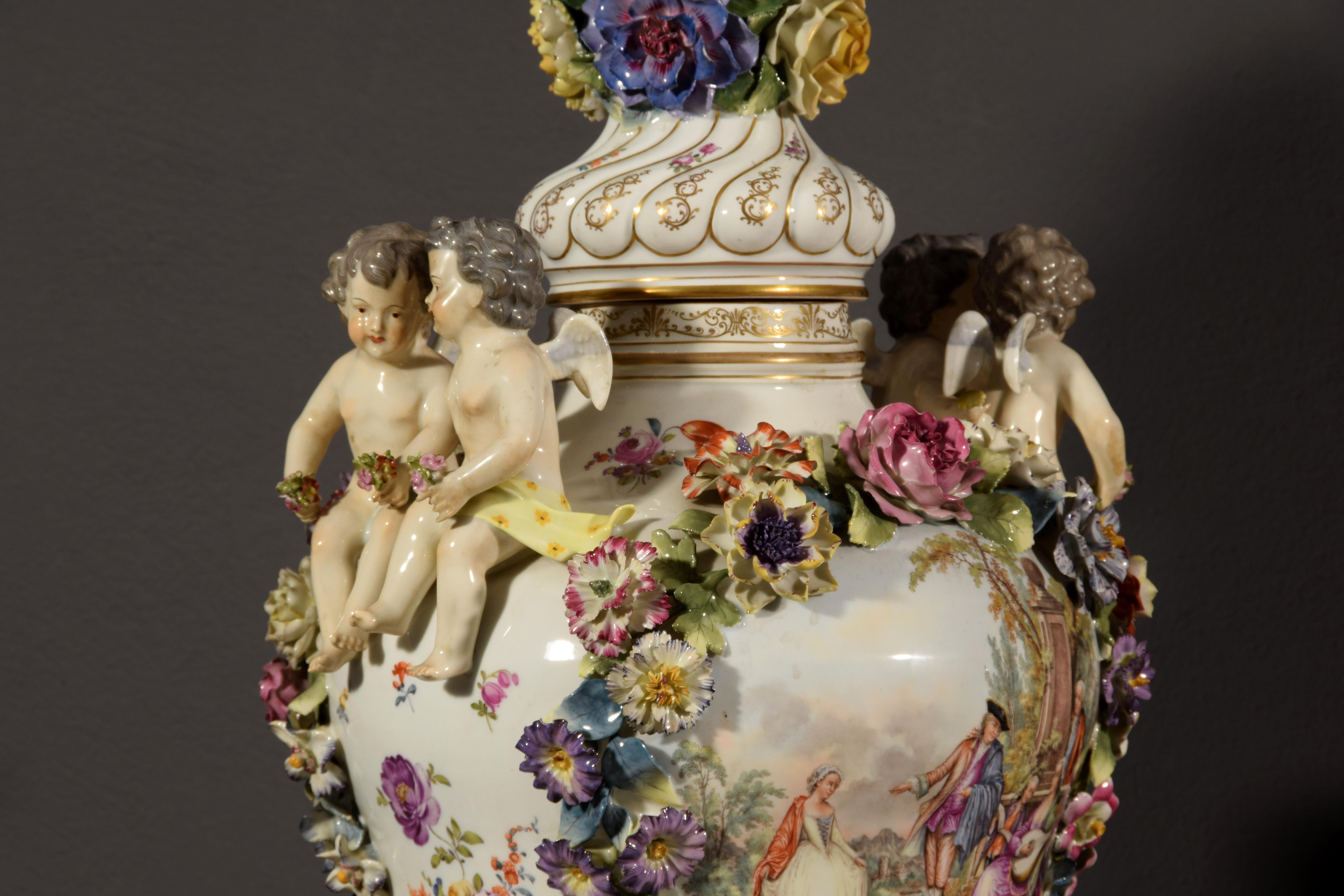 19th Century Pair of German Polychrome Porcelain Vases For Sale 11