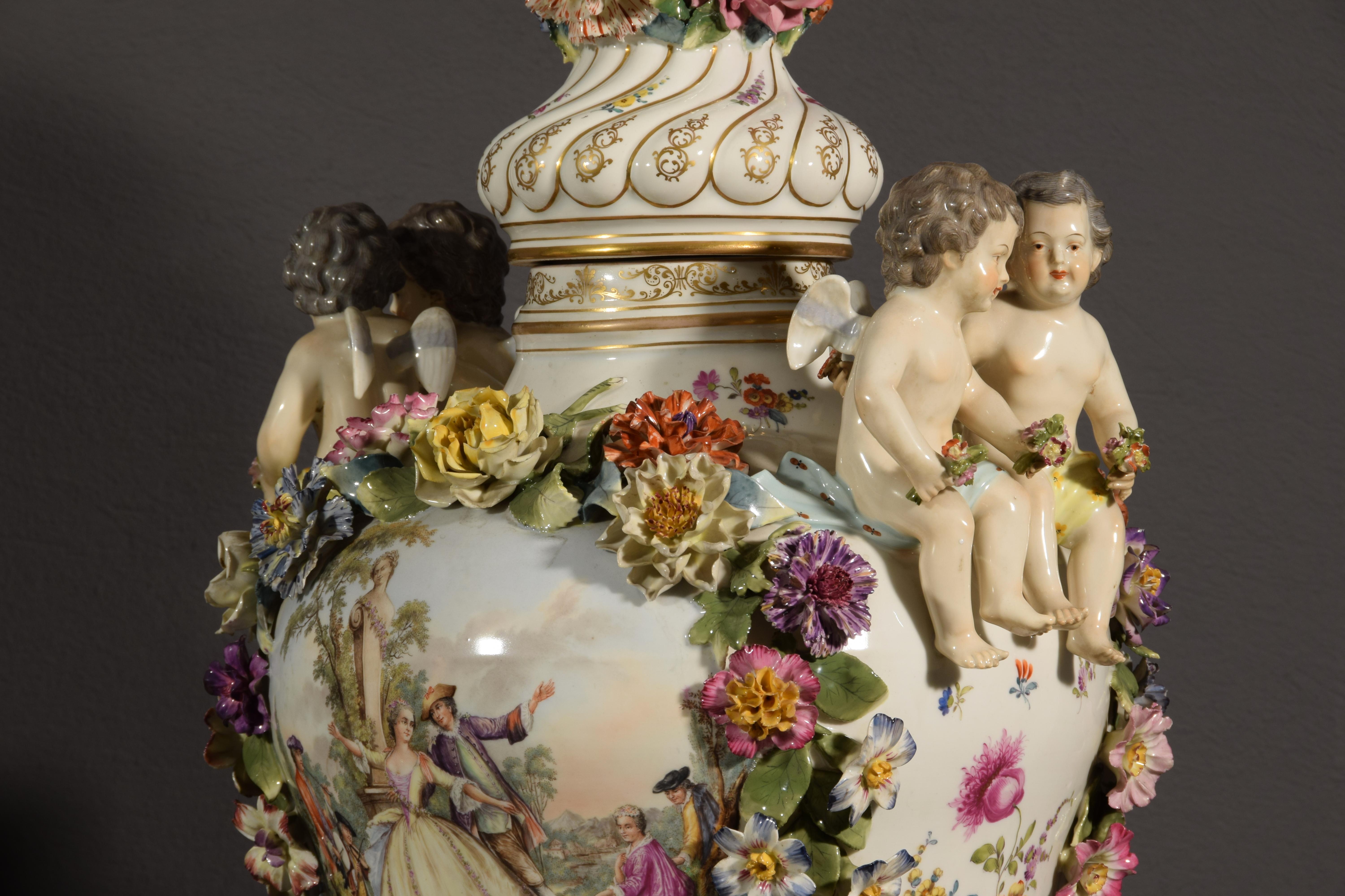 19th Century Pair of German Polychrome Porcelain Vases For Sale 13