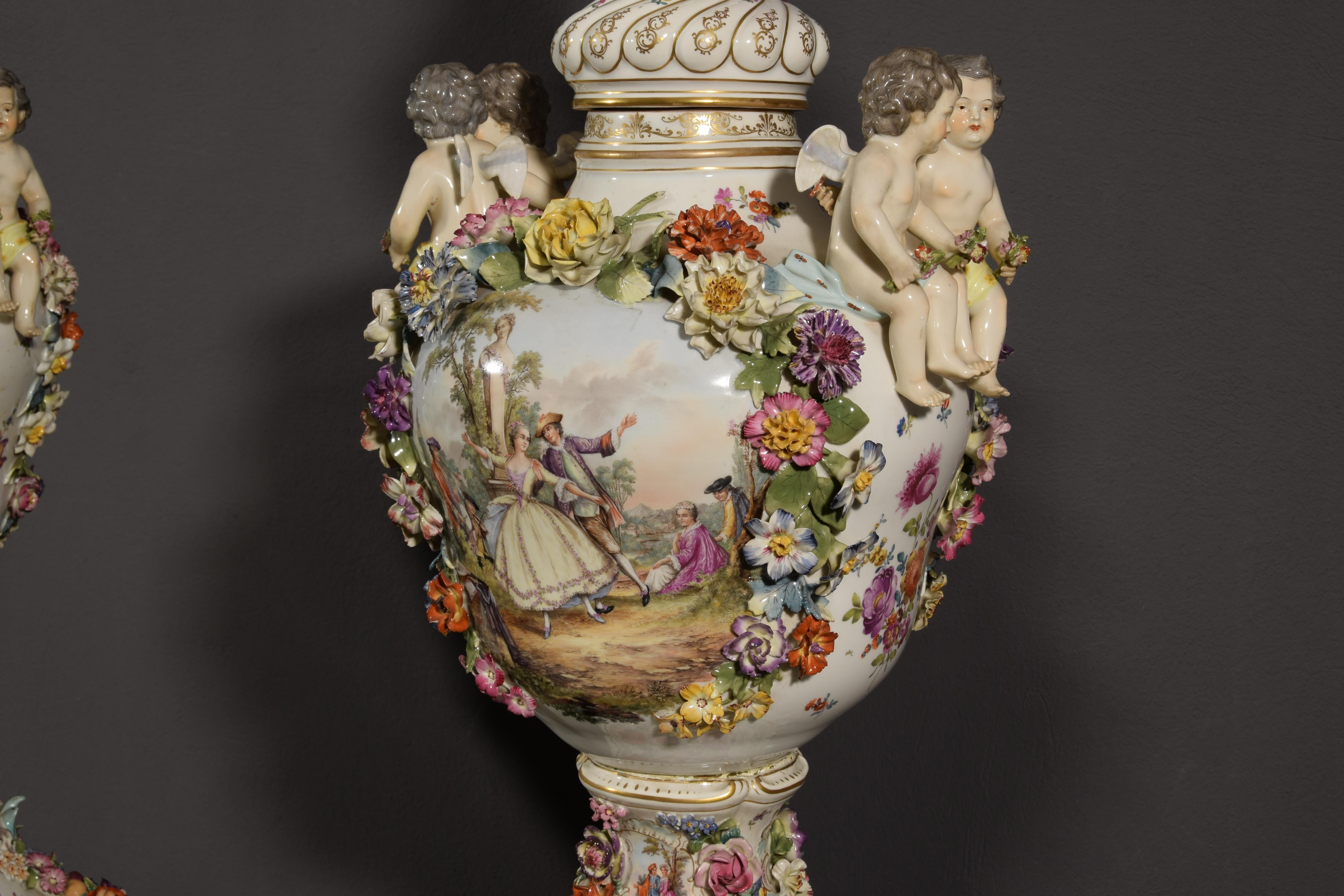 19th Century Pair of German Polychrome Porcelain Vases For Sale 14
