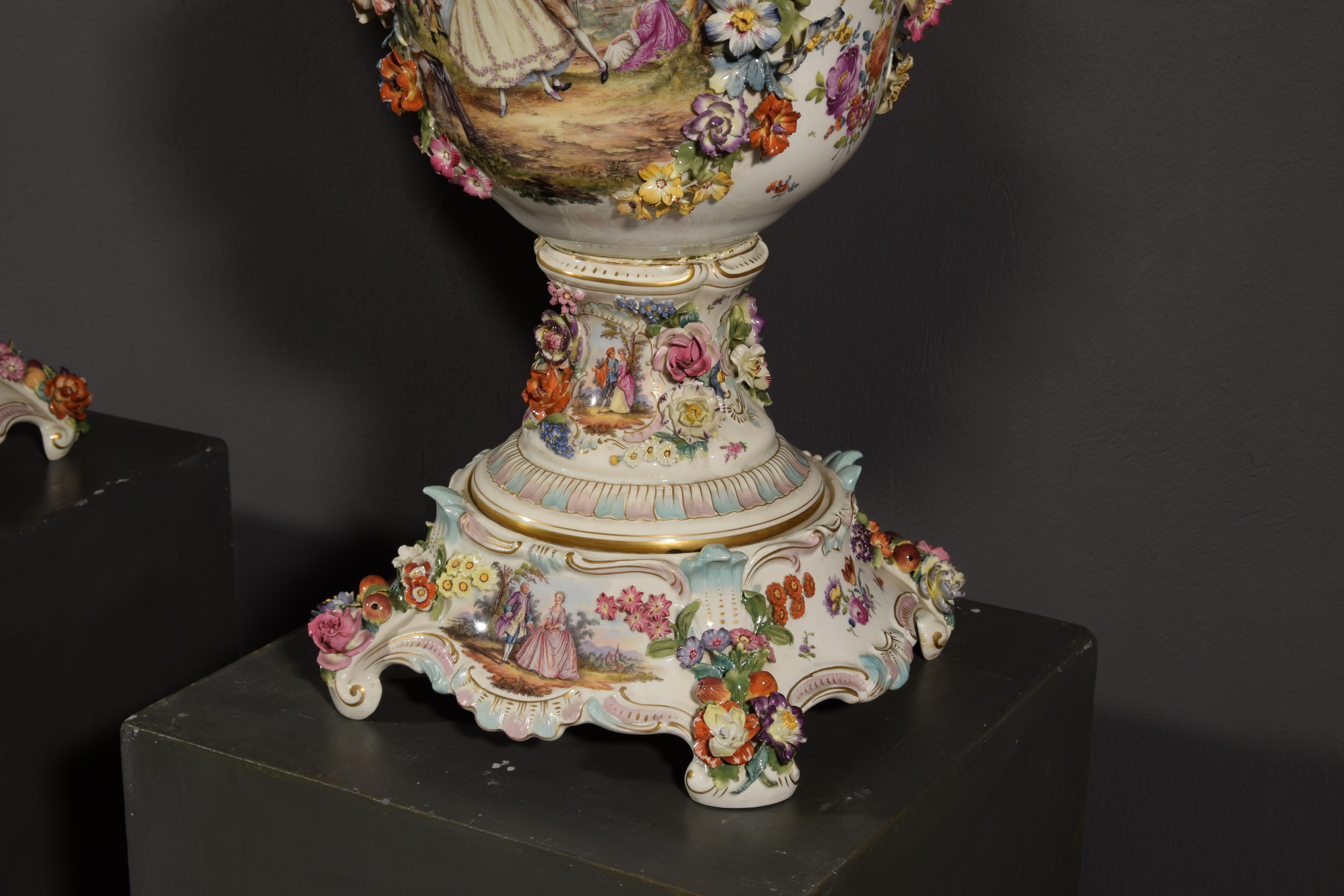 19th Century Pair of German Polychrome Porcelain Vases For Sale 15