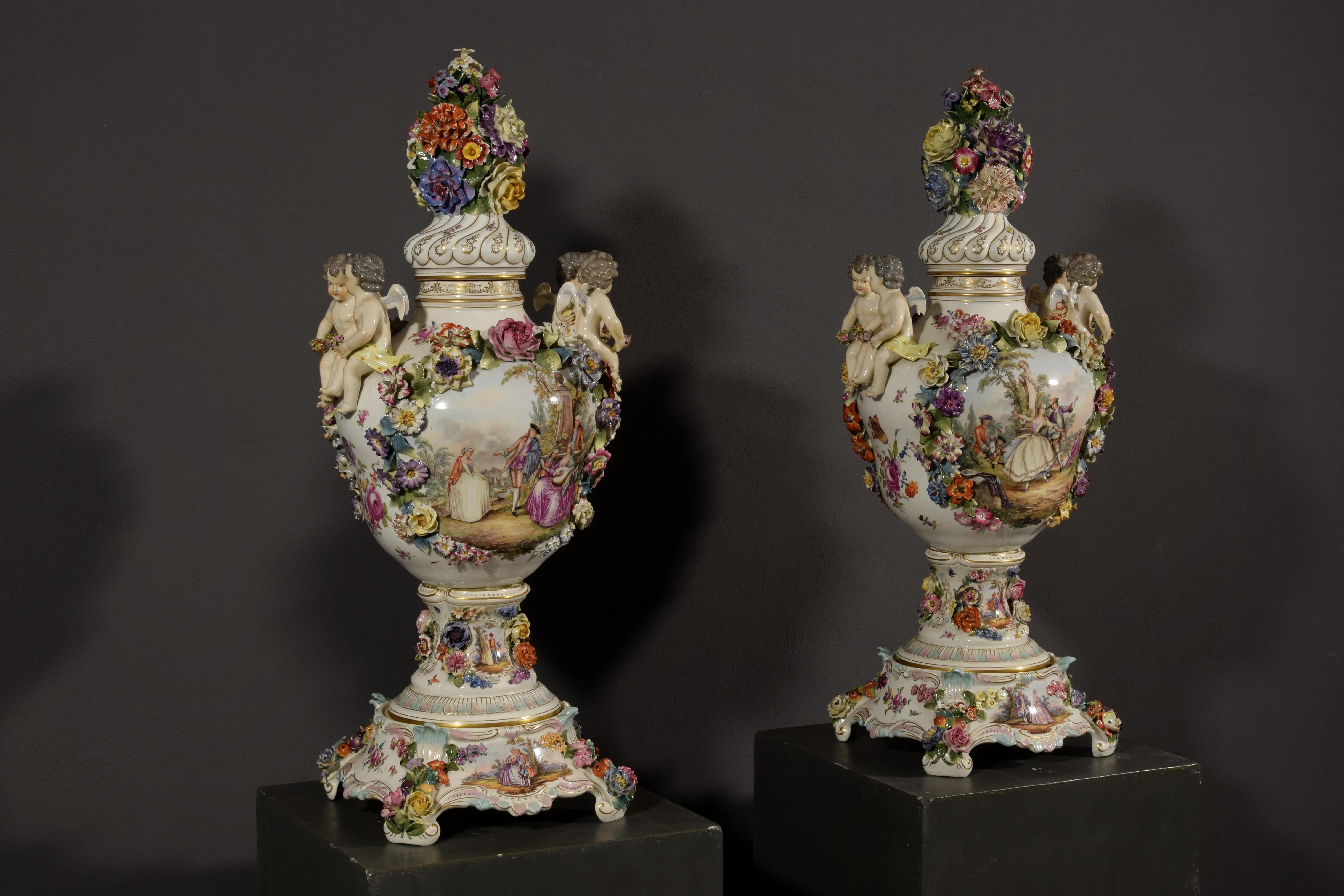 Hand-Painted 19th Century Pair of German Polychrome Porcelain Vases For Sale