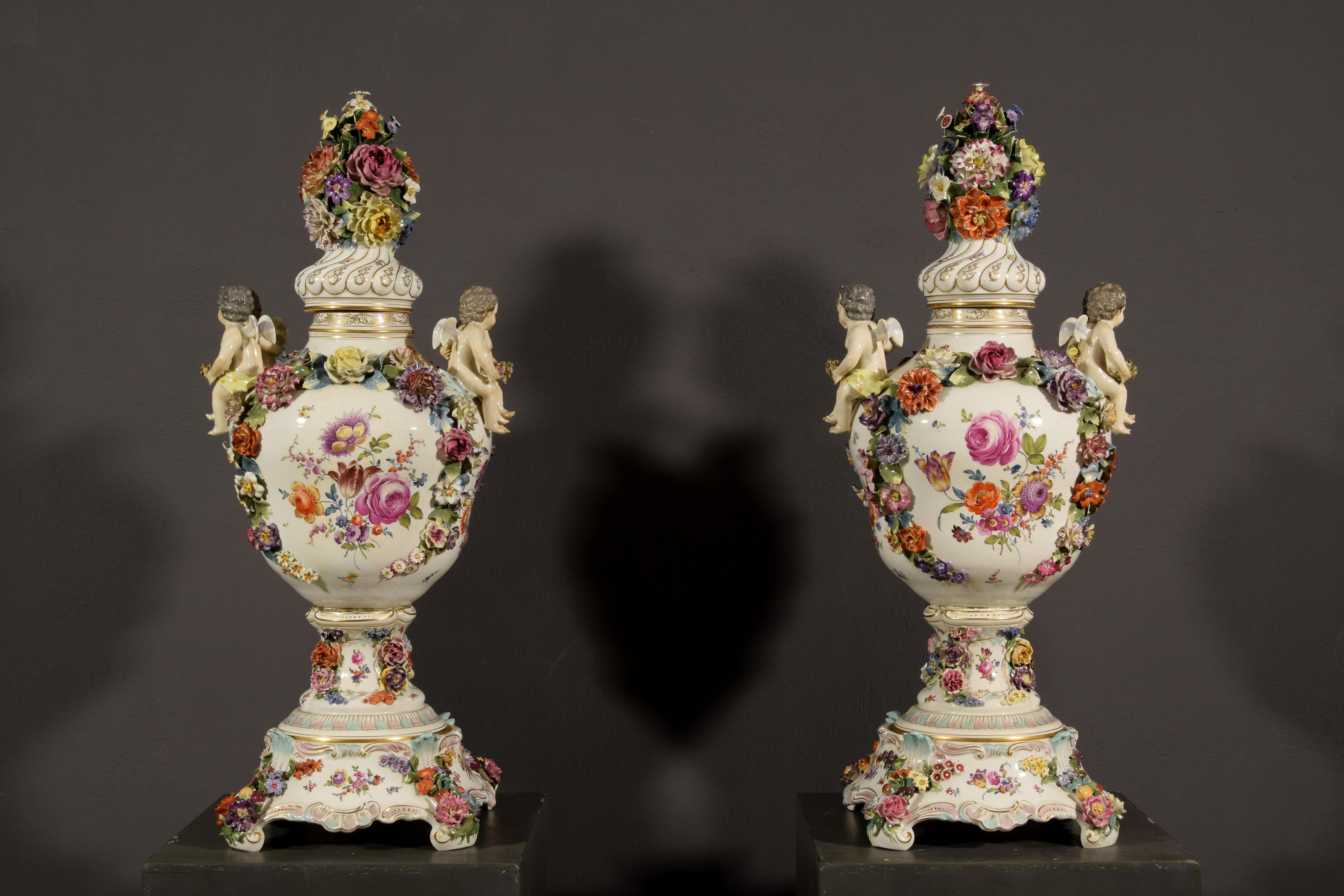 19th Century Pair of German Polychrome Porcelain Vases For Sale 2