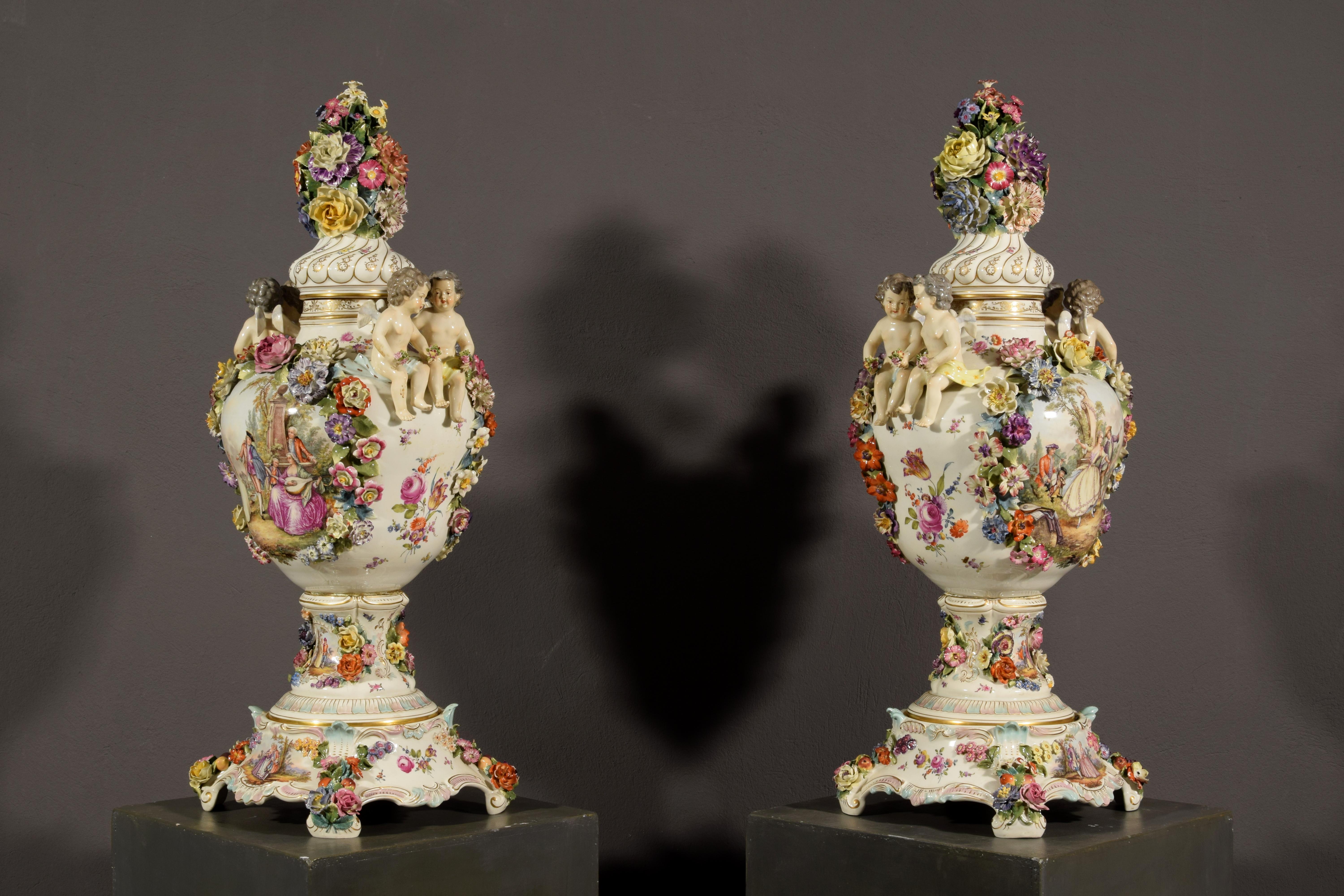 19th Century Pair of German Polychrome Porcelain Vases For Sale 3