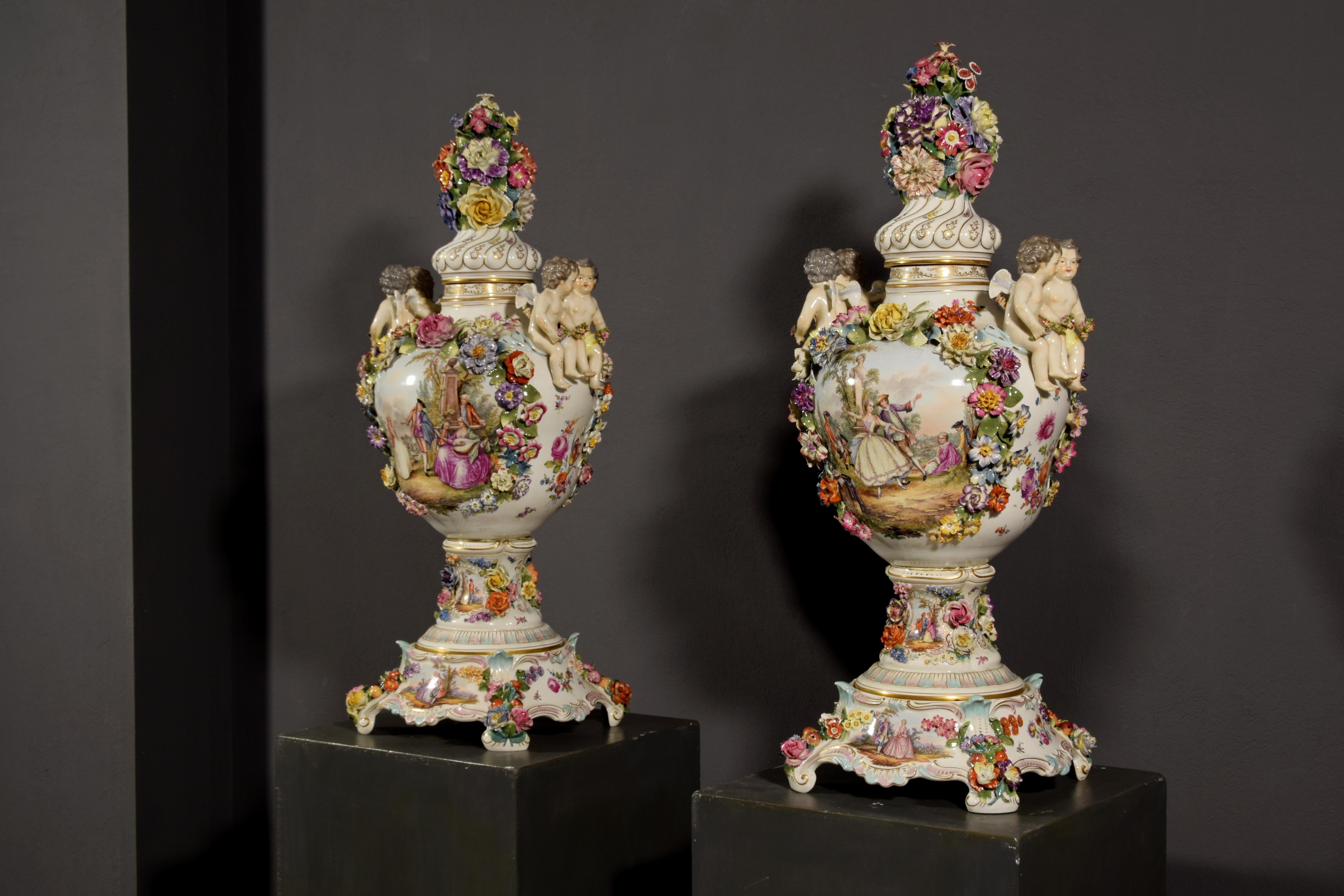 19th Century Pair of German Polychrome Porcelain Vases For Sale 4