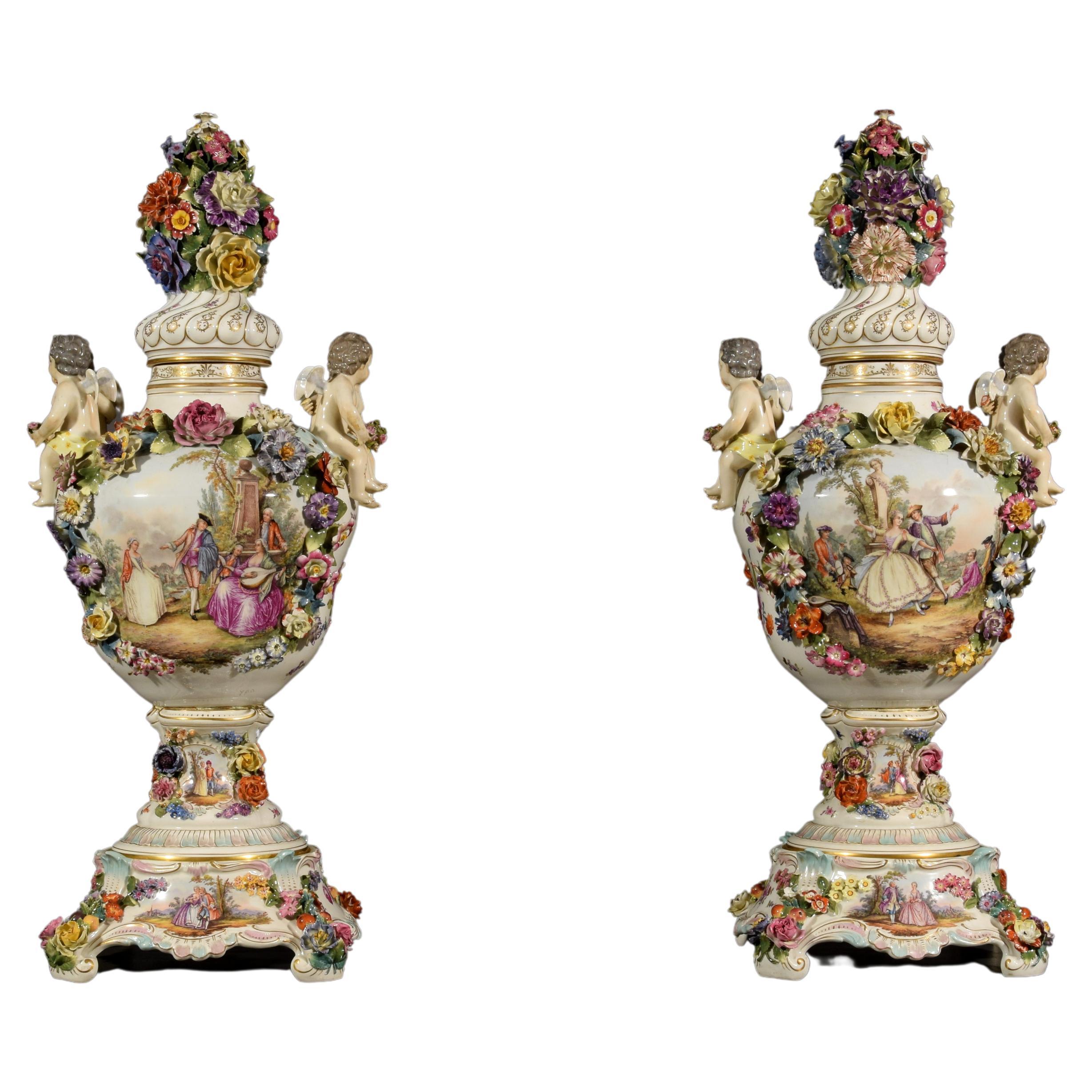 19th Century Pair of German Polychrome Porcelain Vases