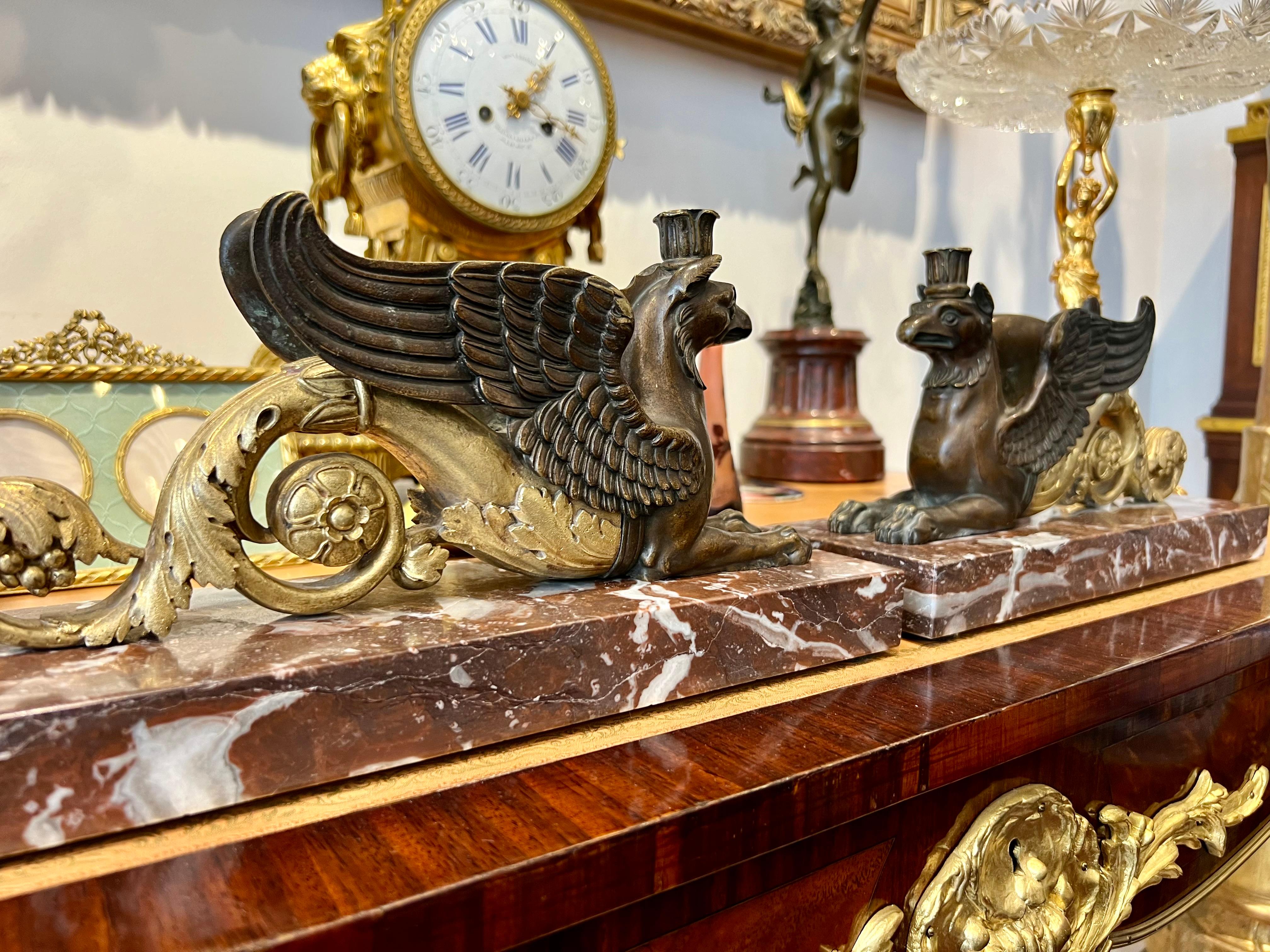 19th Century Pair of Gilded Bronze Gryphon Statuettes Mounted on Marble For Sale 5