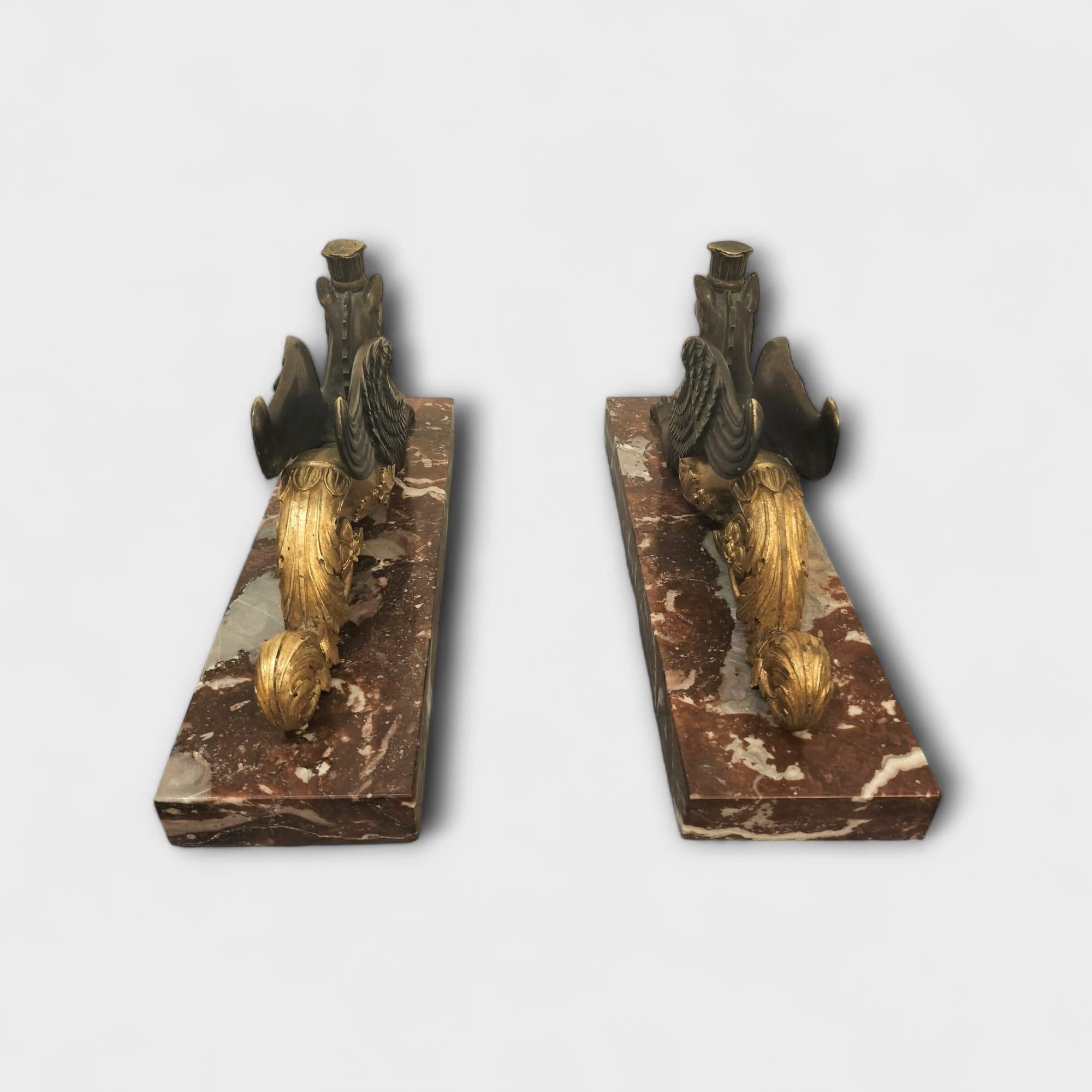 Napoleon III 19th Century Pair of Gilded Bronze Gryphon Statuettes Mounted on Marble For Sale