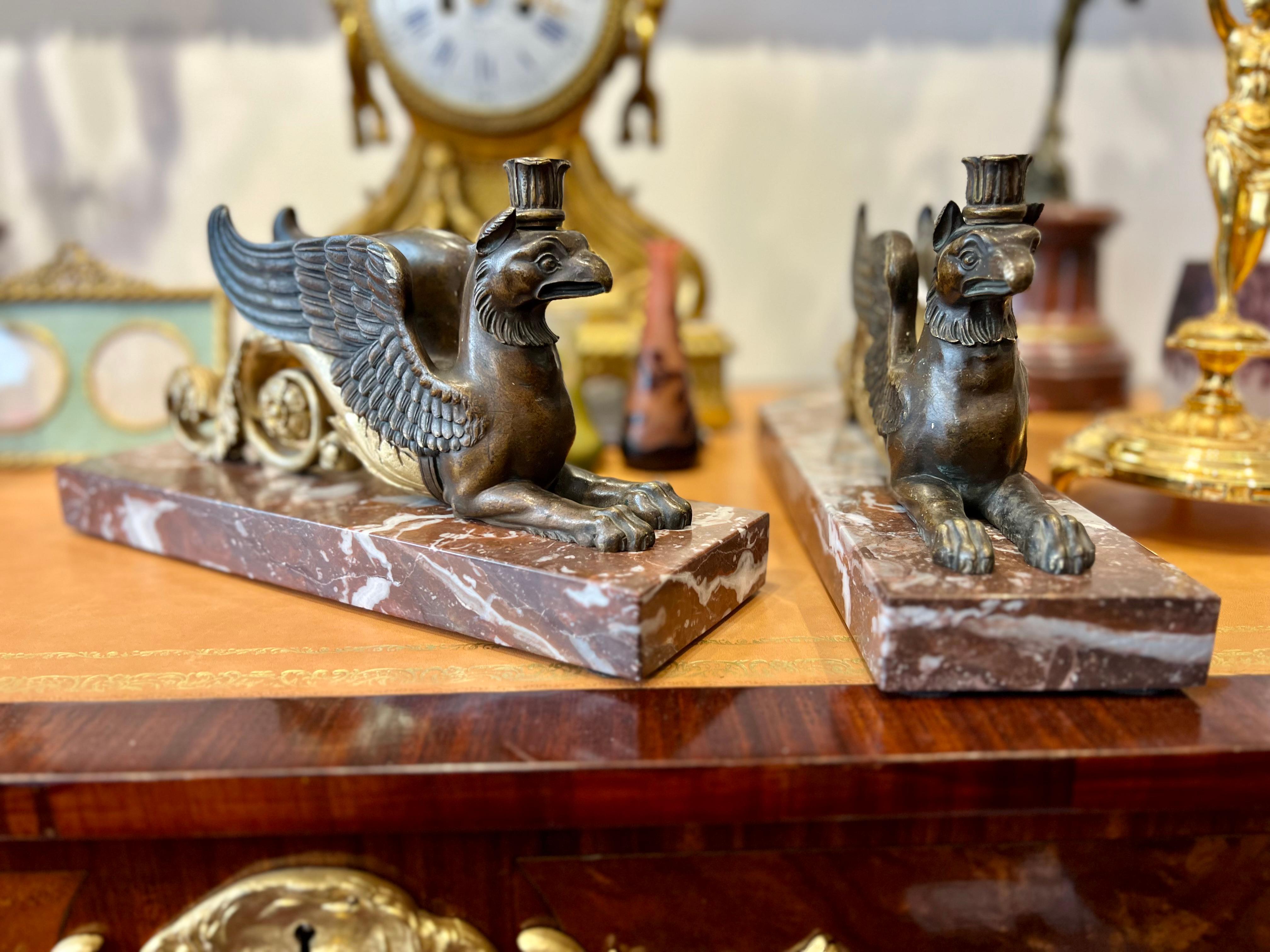 19th Century Pair of Gilded Bronze Gryphon Statuettes Mounted on Marble For Sale 3