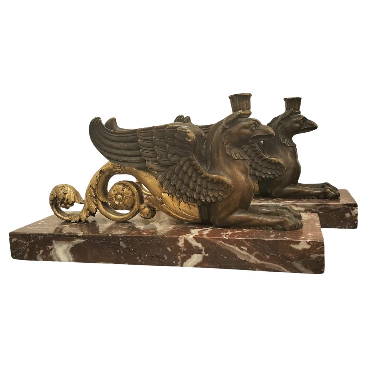 19th Century Pair of Gilded Bronze Gryphon Statuettes Mounted on Marble For Sale