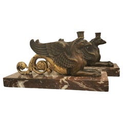 19th Century Pair of Gilded Bronze Gryphon Statuettes Mounted on Marble