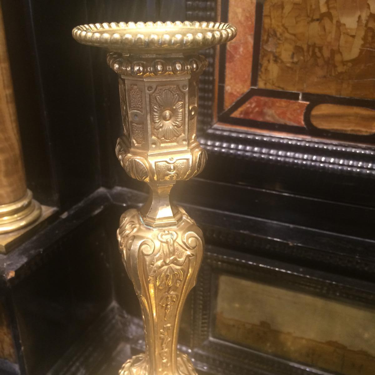 French 19th Century Pair of Gilded Bronze Transition Louis XV Style Candle Holders  For Sale