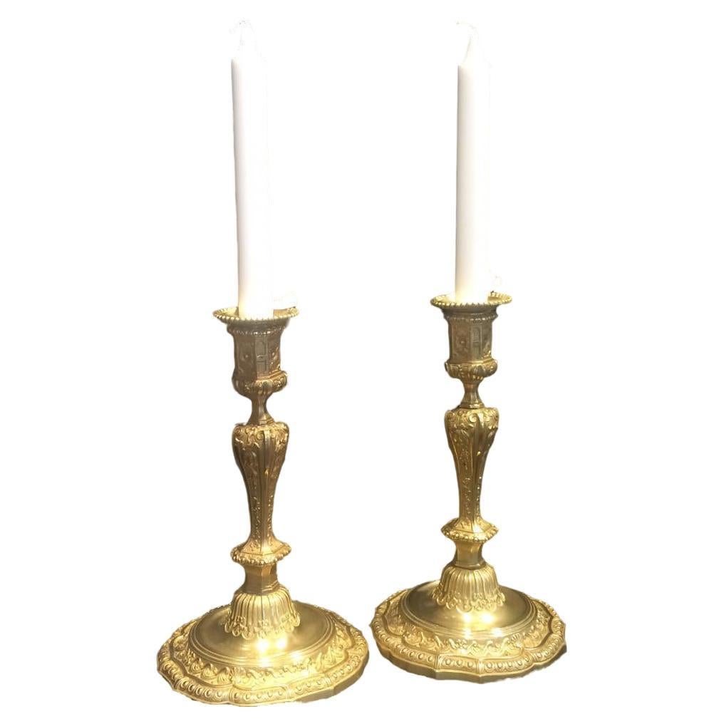 19th Century Pair of Gilded Bronze Transition Louis XV Style Candle Holders  For Sale