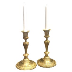 Antique 19th Century Pair of Gilded Bronze Transition Louis XV Style Candle Holders 