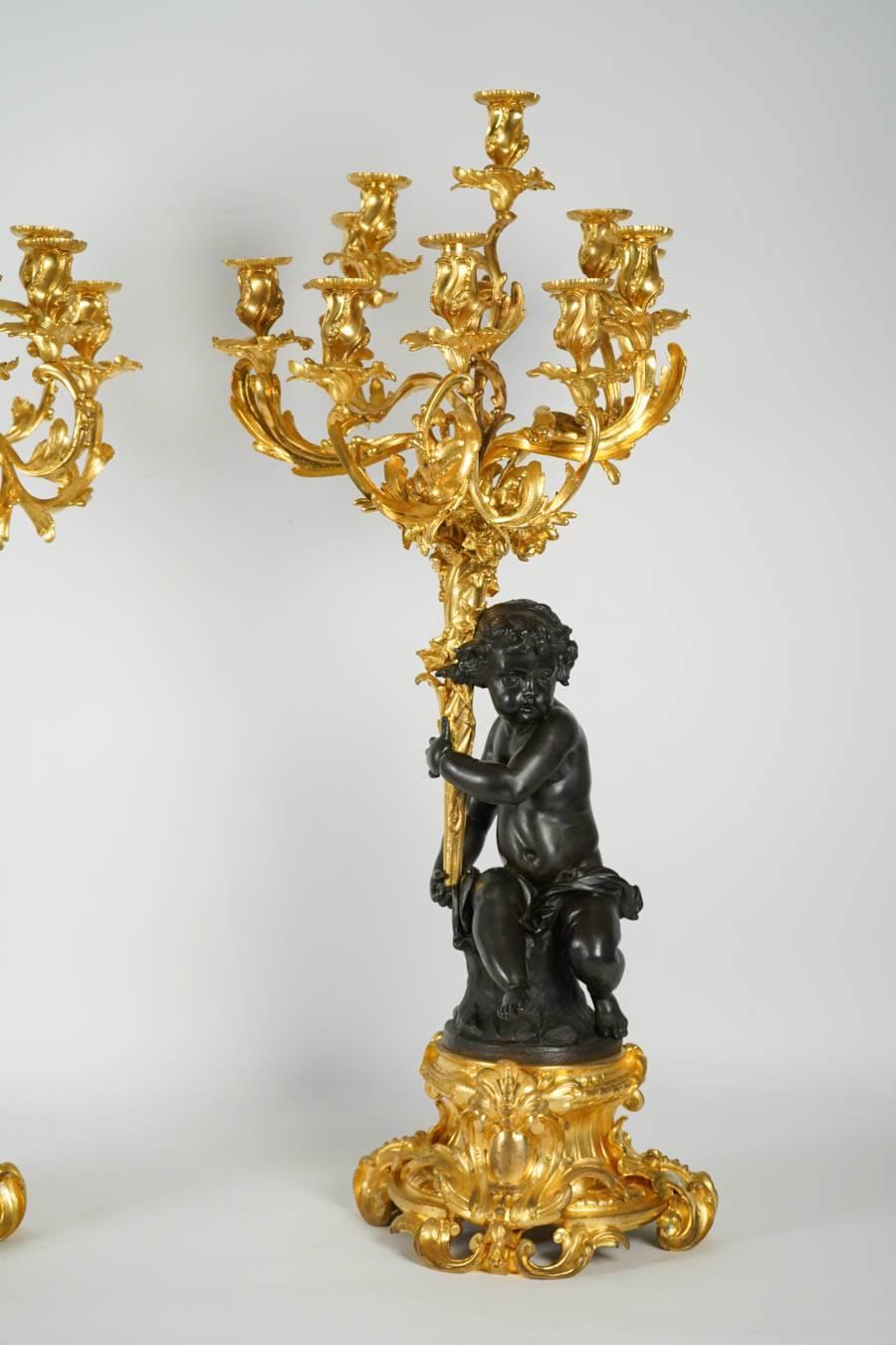 Louis XV 19th Century Pair of Gilt and Patinated Bronze Candelabras