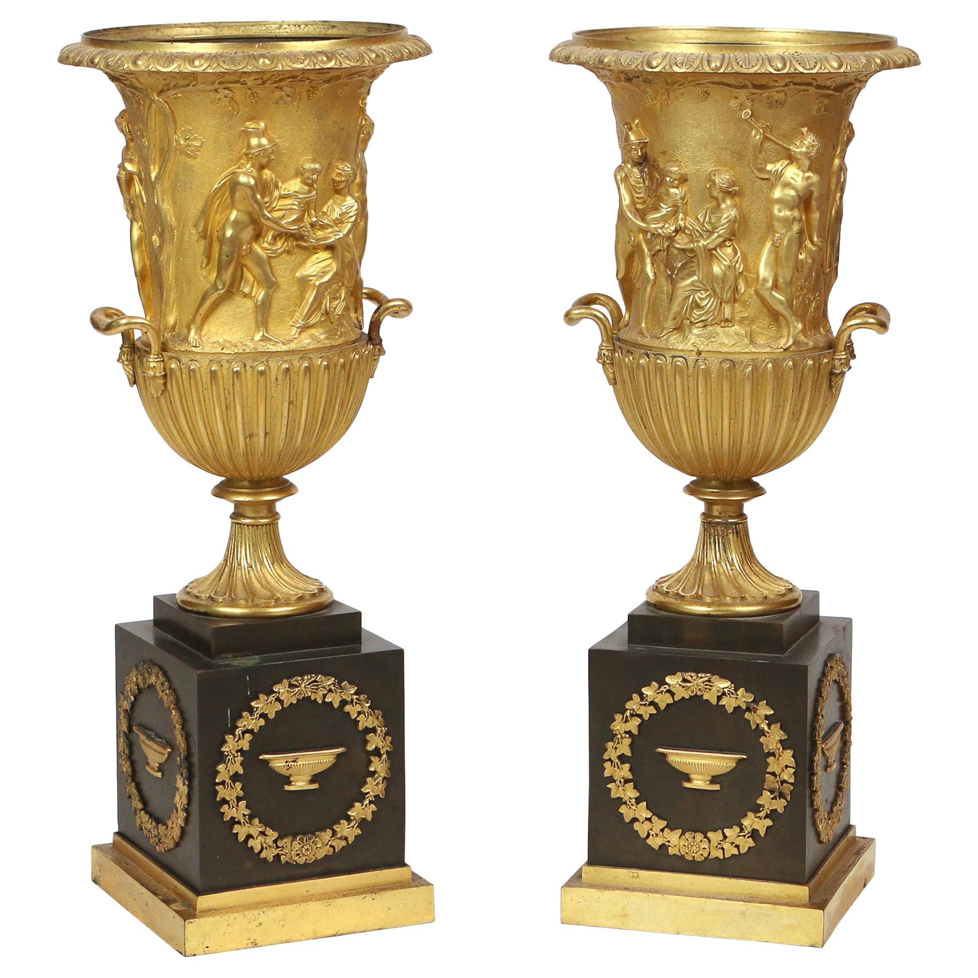 19th Century Pair of Gilt Bronze and Black Onyx Neoclassical Urns For Sale