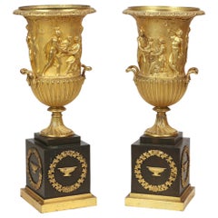 Antique 19th Century Pair of Gilt Bronze and Black Onyx Neoclassical Urns