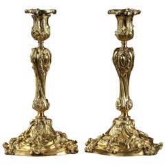19th Century Pair of Gilt Bronze Candlesticks in Louis XV Style