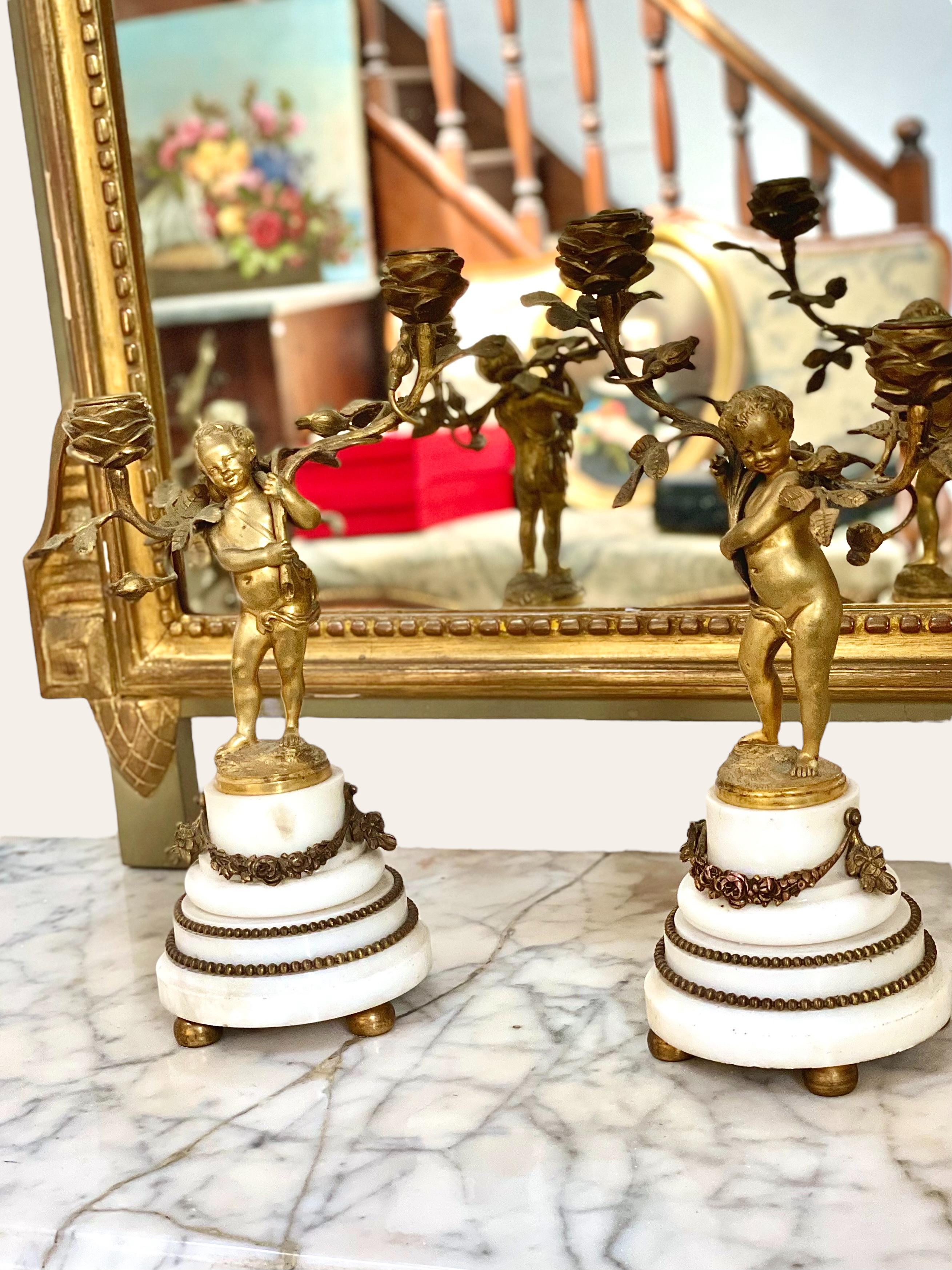 19th Century Pair of Gilt Bronze Cherubs Candelabra on White Marble Stands For Sale 9
