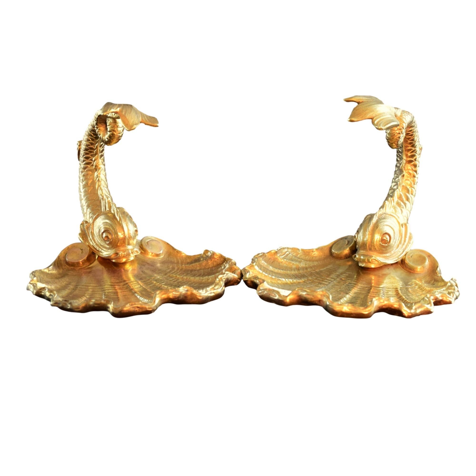 19th Century Pair of Gilt Bronze Dolphin Decorated Trays In Good Condition In Wilmington, DE