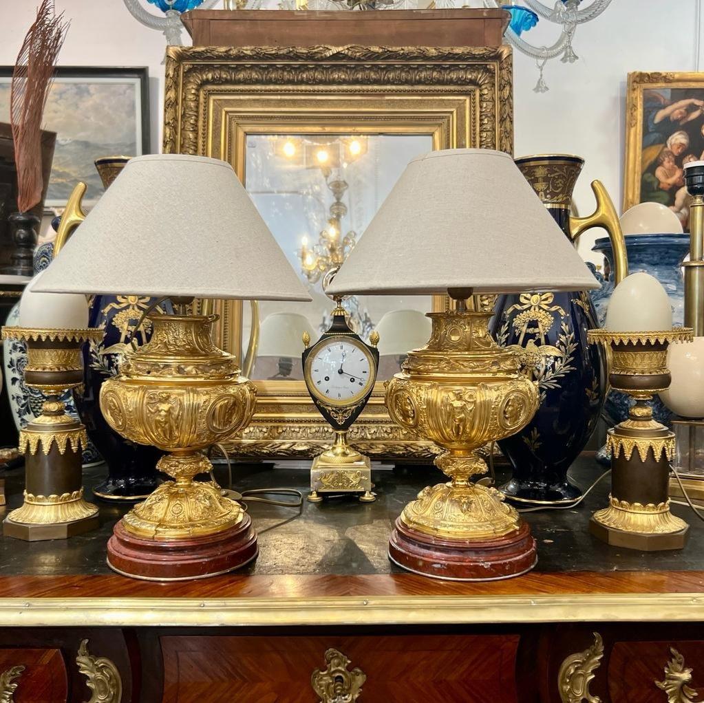 19th Century Pair of Gilt Bronze Lamps with Red Griotte Marble Bases For Sale 5