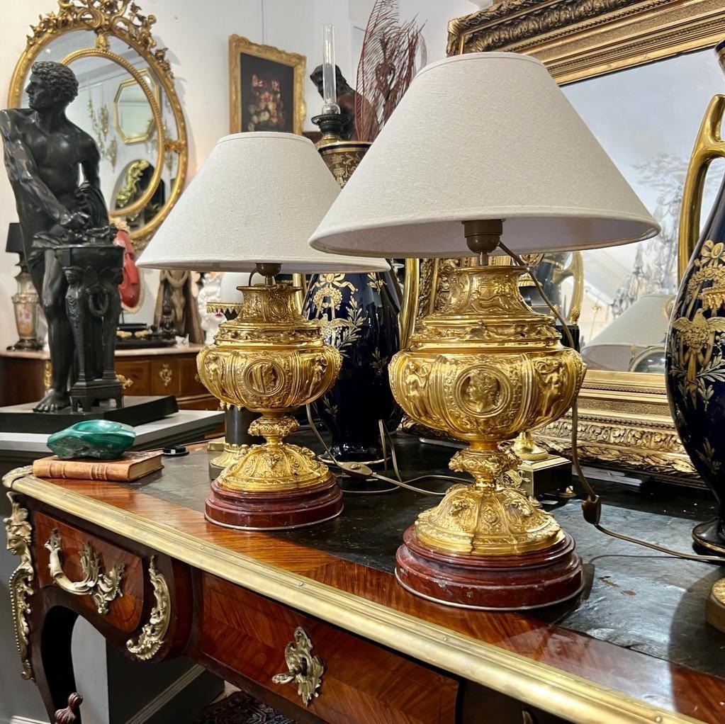 19th Century Pair of Gilt Bronze Lamps with Red Griotte Marble Bases For Sale 1